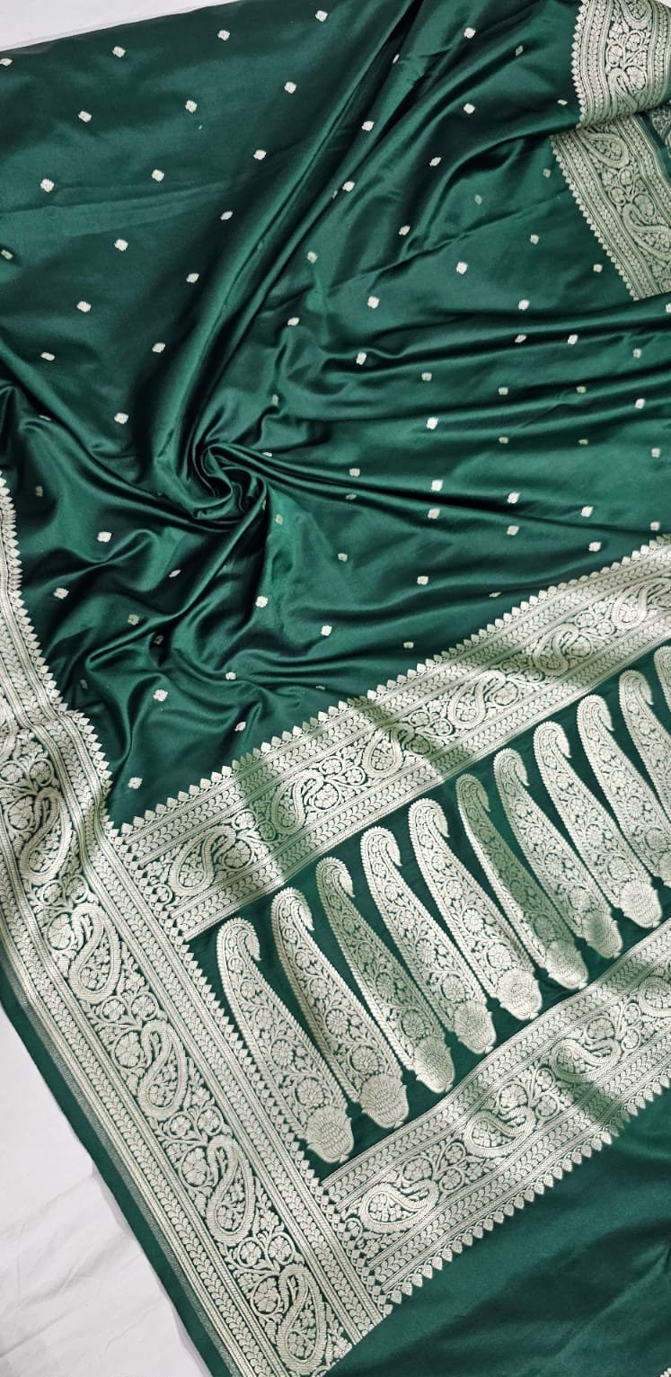 Bottle Green Premium Mashru Katan Silk Banarasi Saree