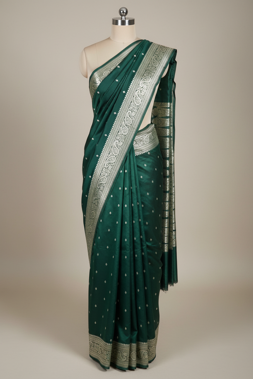 Bottle Green Premium Mashru Katan Silk Banarasi Saree