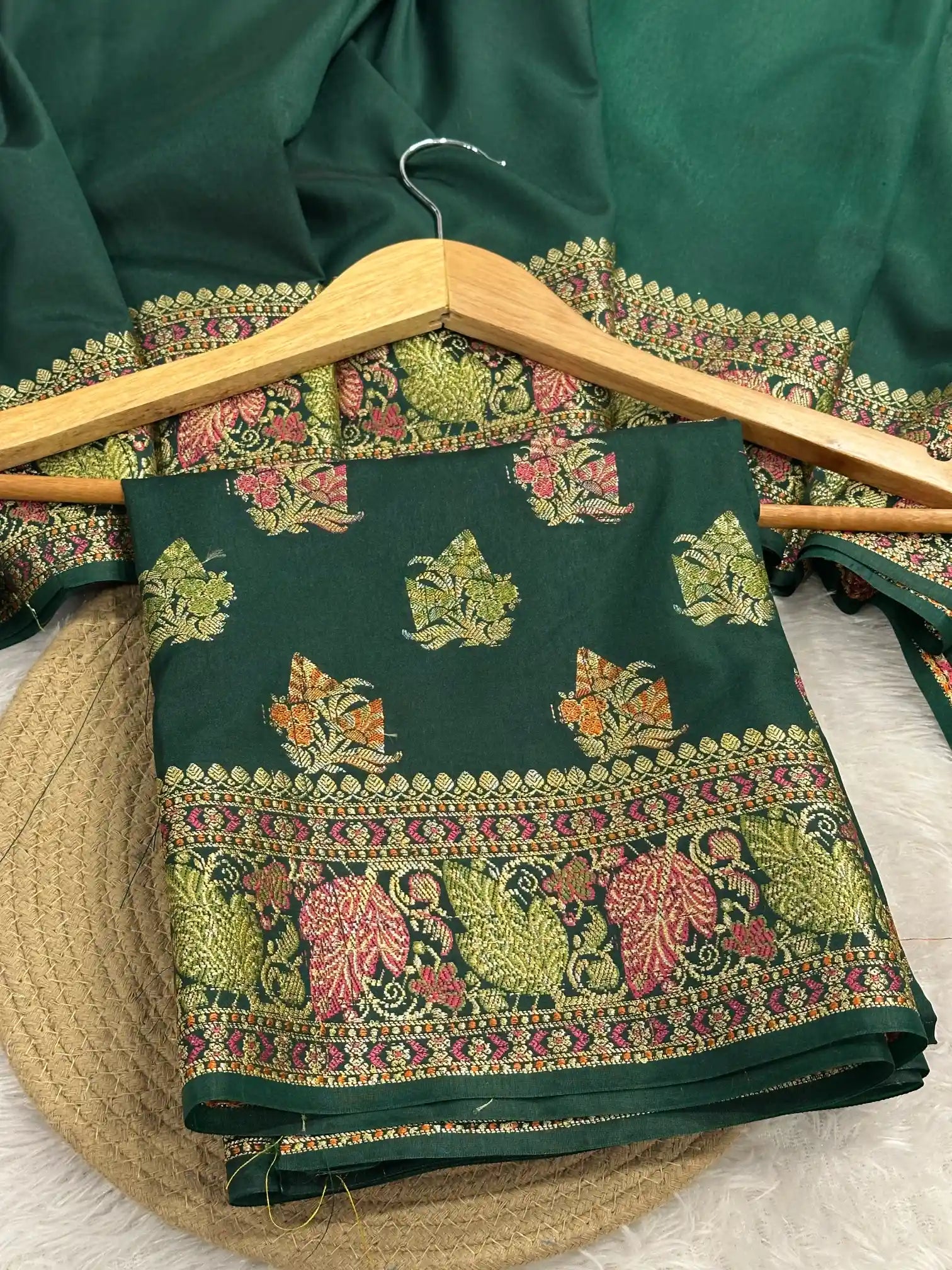 Bottle Green Warm Silk Tilfi Meenakari Weave Banarasi Saree