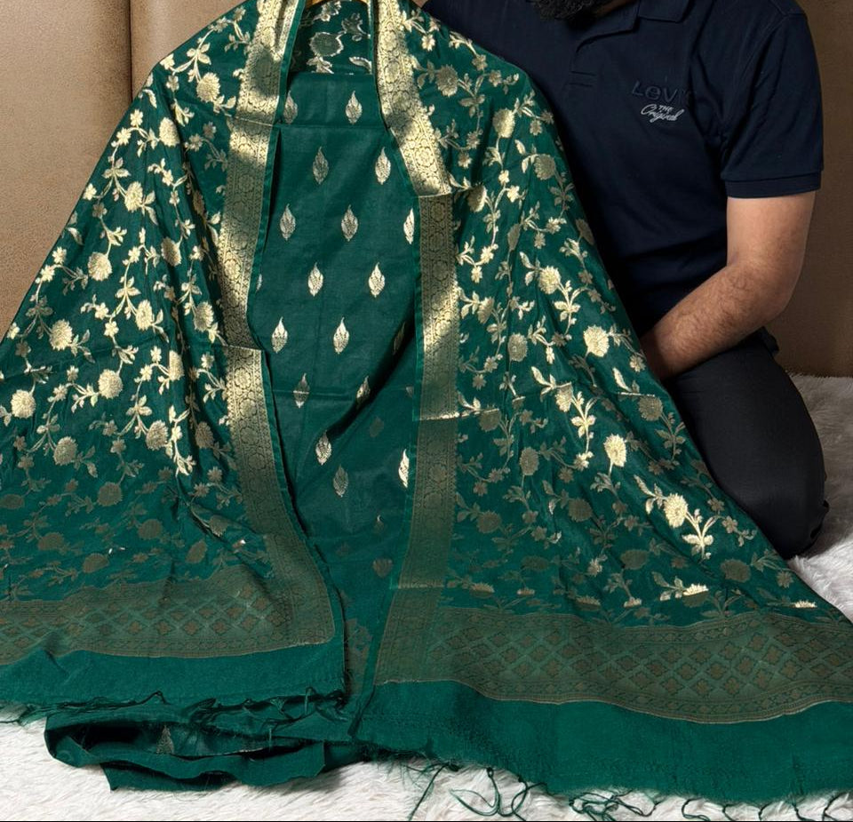 Bottle green chinia silk 3 pcs banarasi suit