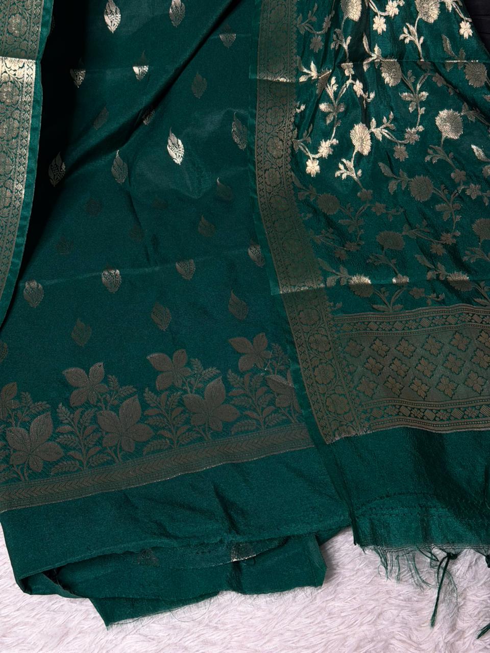 Bottle green chinia silk 3 pcs banarasi suit