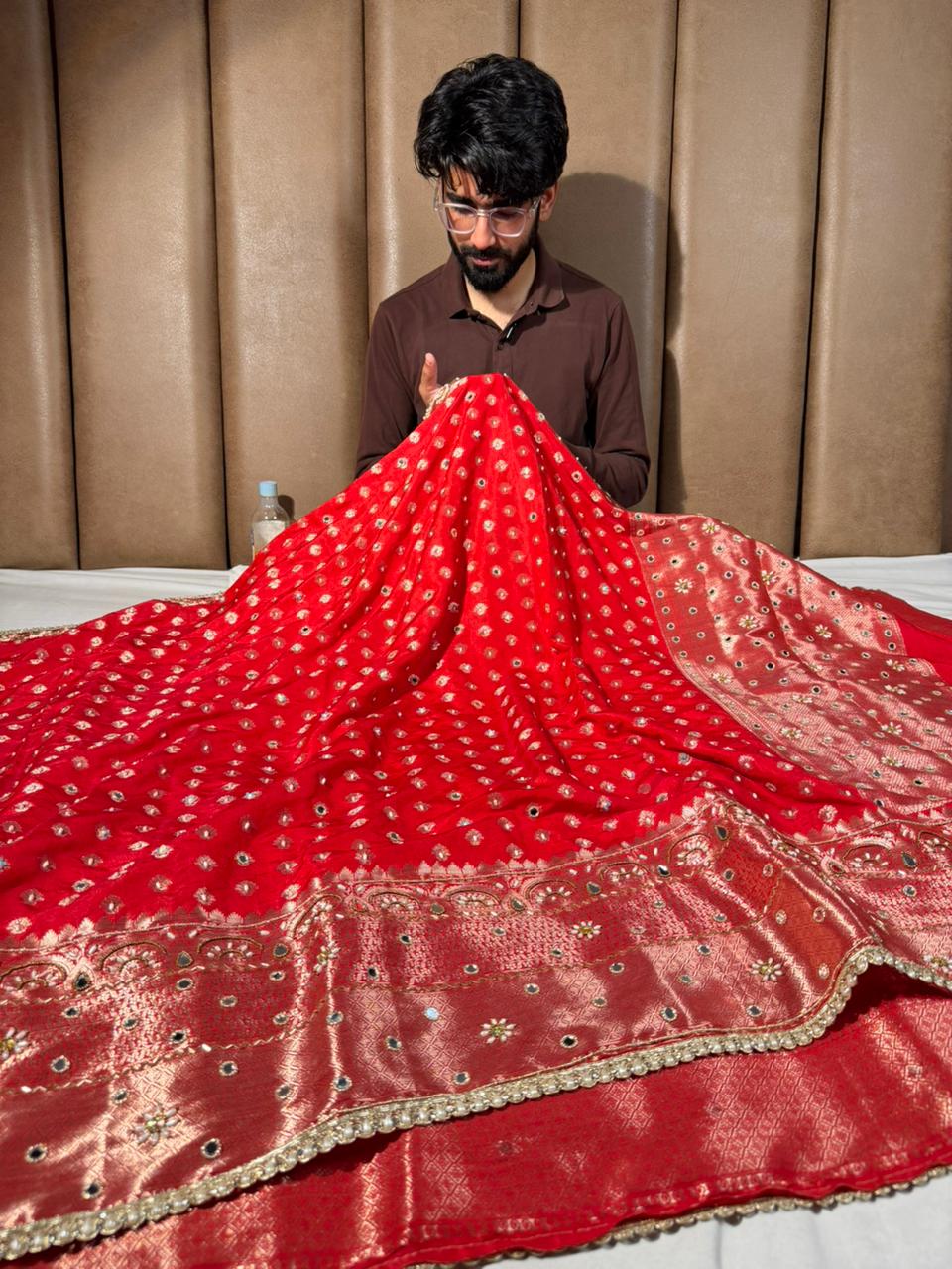 Bridal Red Chinia Silk Banarasi Mirror Work Saree