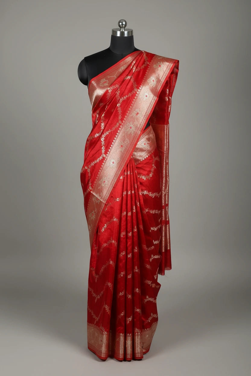 Bridal Red Chinia Silk Eccentric Meenakari Weave Banarasi Saree
