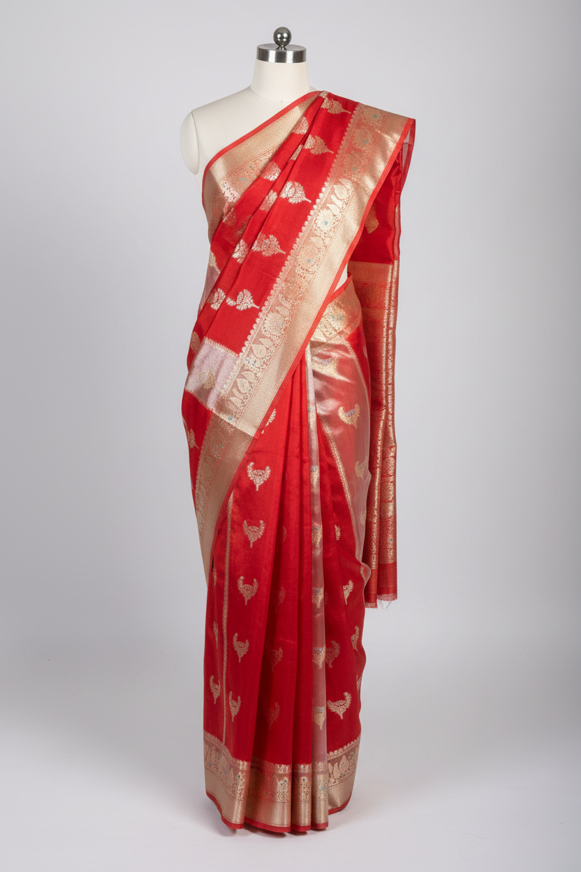Bridal Red Chinia Tissue Silk Eccentric Heritage Weave Banarasi Saree