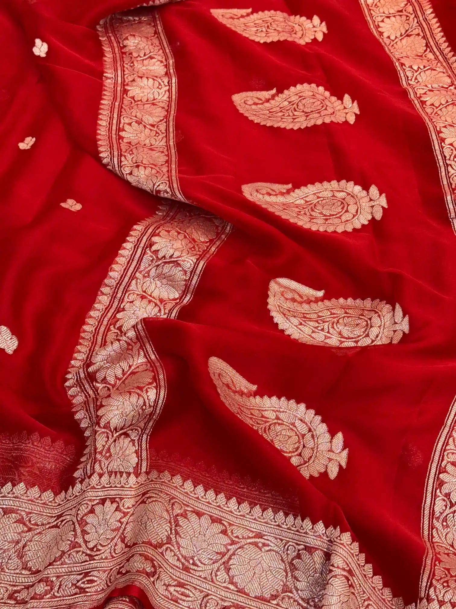 Bridal Red Handwoven Pure Khaddi Chiffon Banarasi Saree