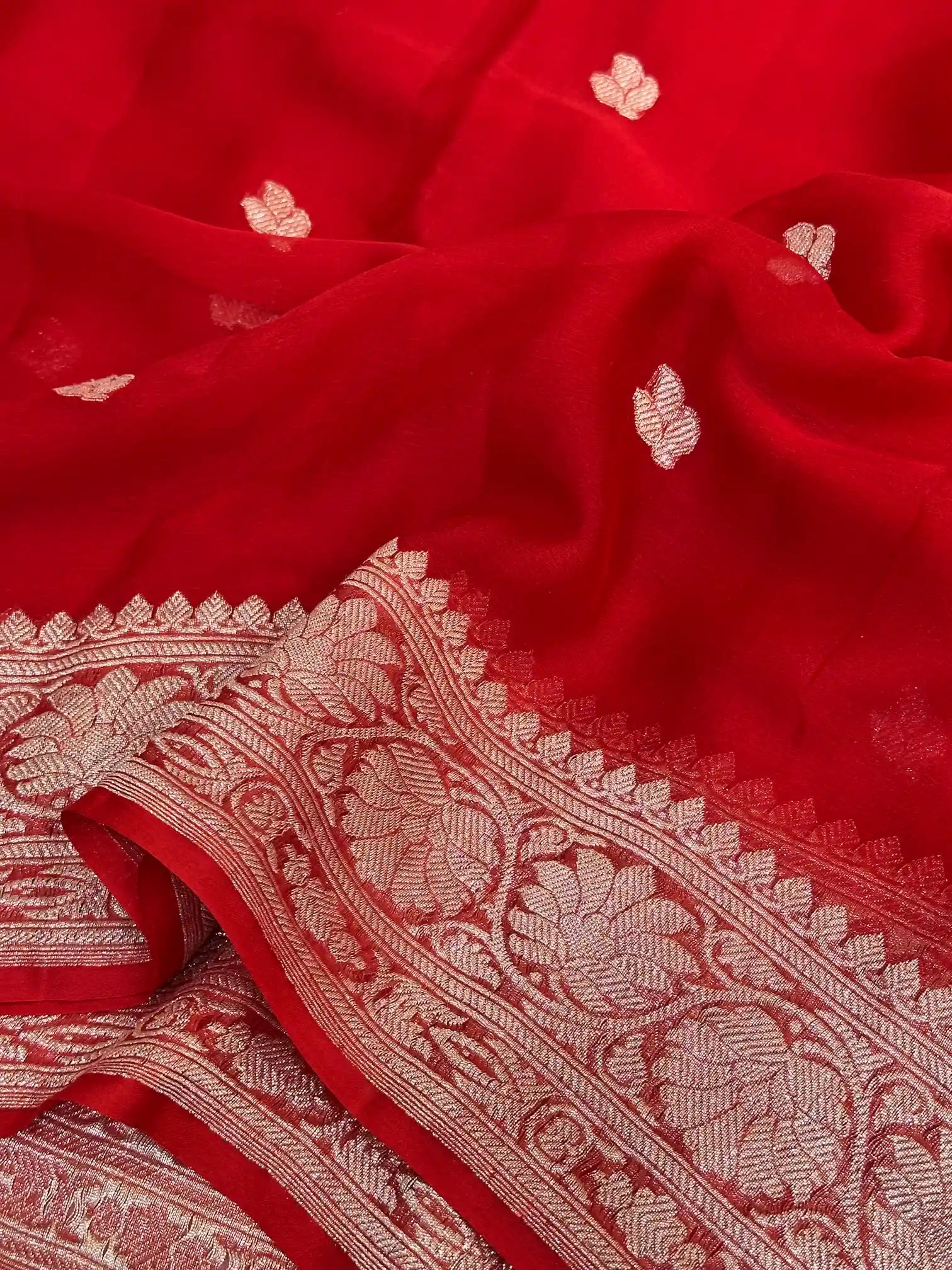Bridal Red Handwoven Pure Khaddi Chiffon Banarasi Saree