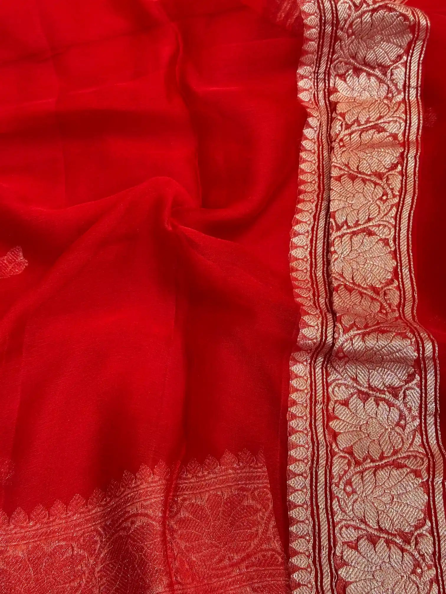 Bridal Red Handwoven Pure Khaddi Chiffon Banarasi Saree
