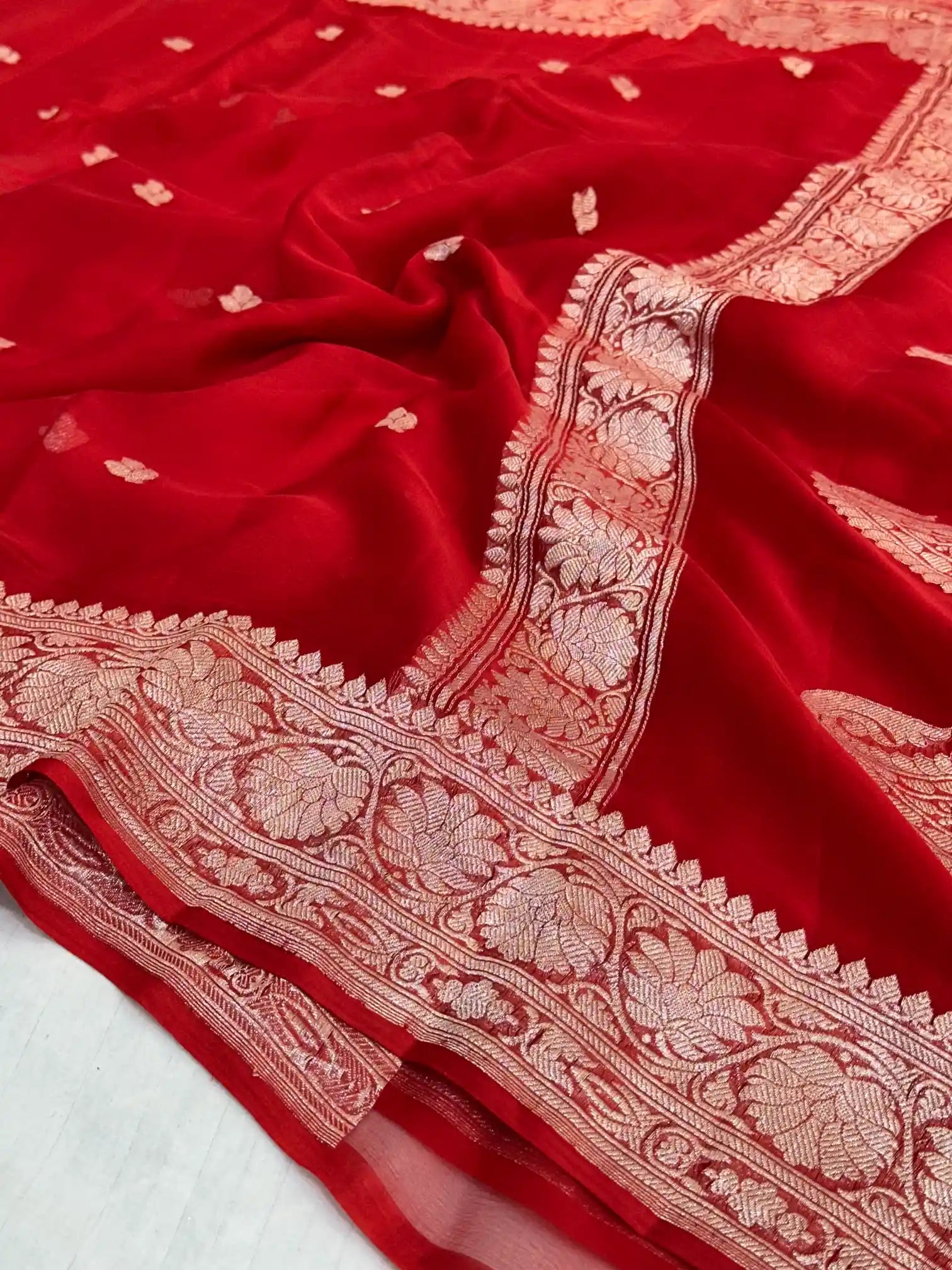 Bridal Red Handwoven Pure Khaddi Chiffon Banarasi Saree