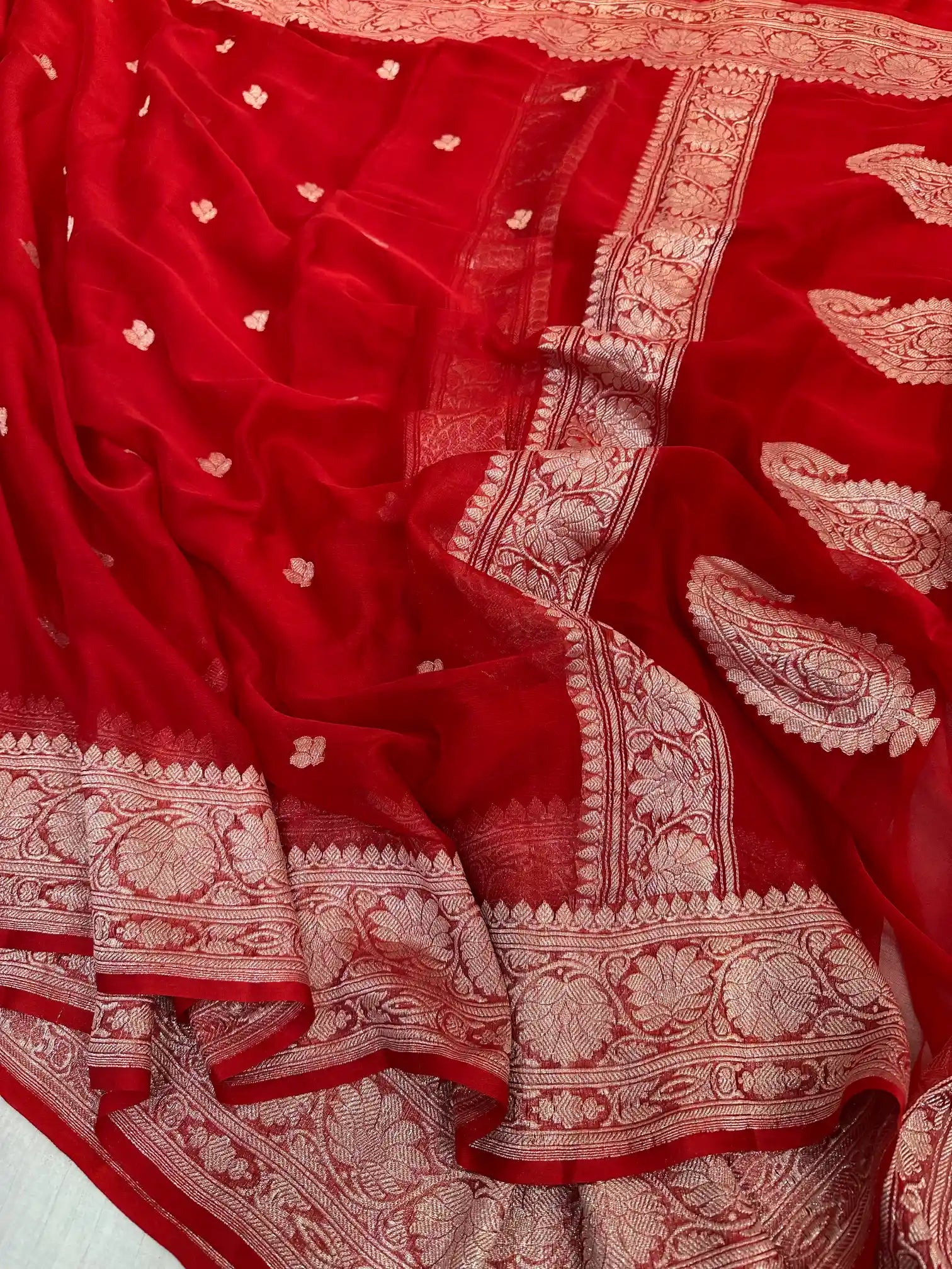 Bridal Red Handwoven Pure Khaddi Chiffon Banarasi Saree