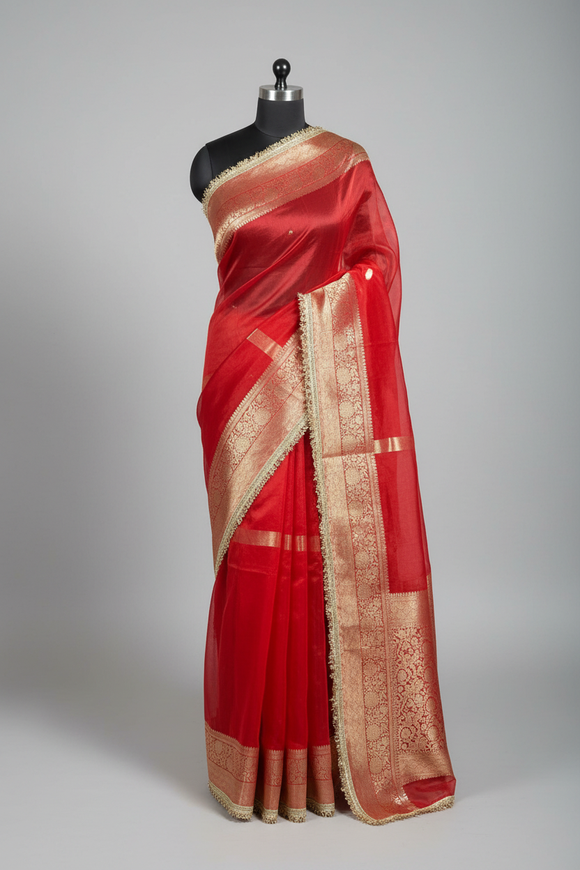 Bridal Red Kora Organza Silk Designer Lace Work Banarasi Saree