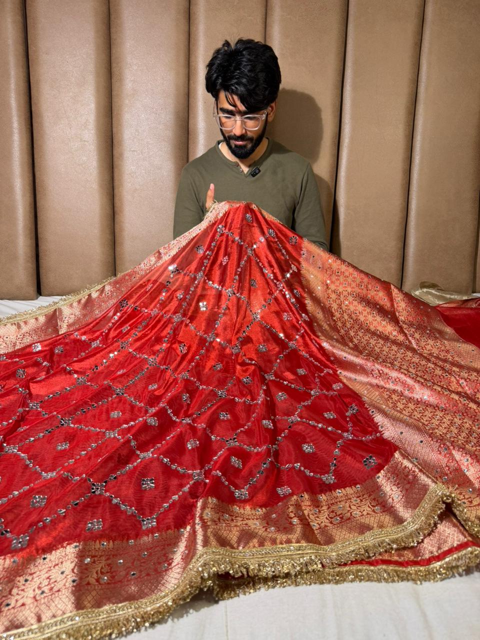 Bridal Red Kora Tissue Mirror Work Banarasi Saree