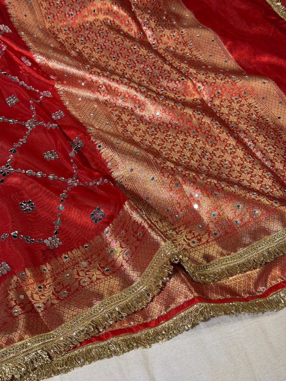 Bridal Red Kora Tissue Mirror Work Banarasi Saree