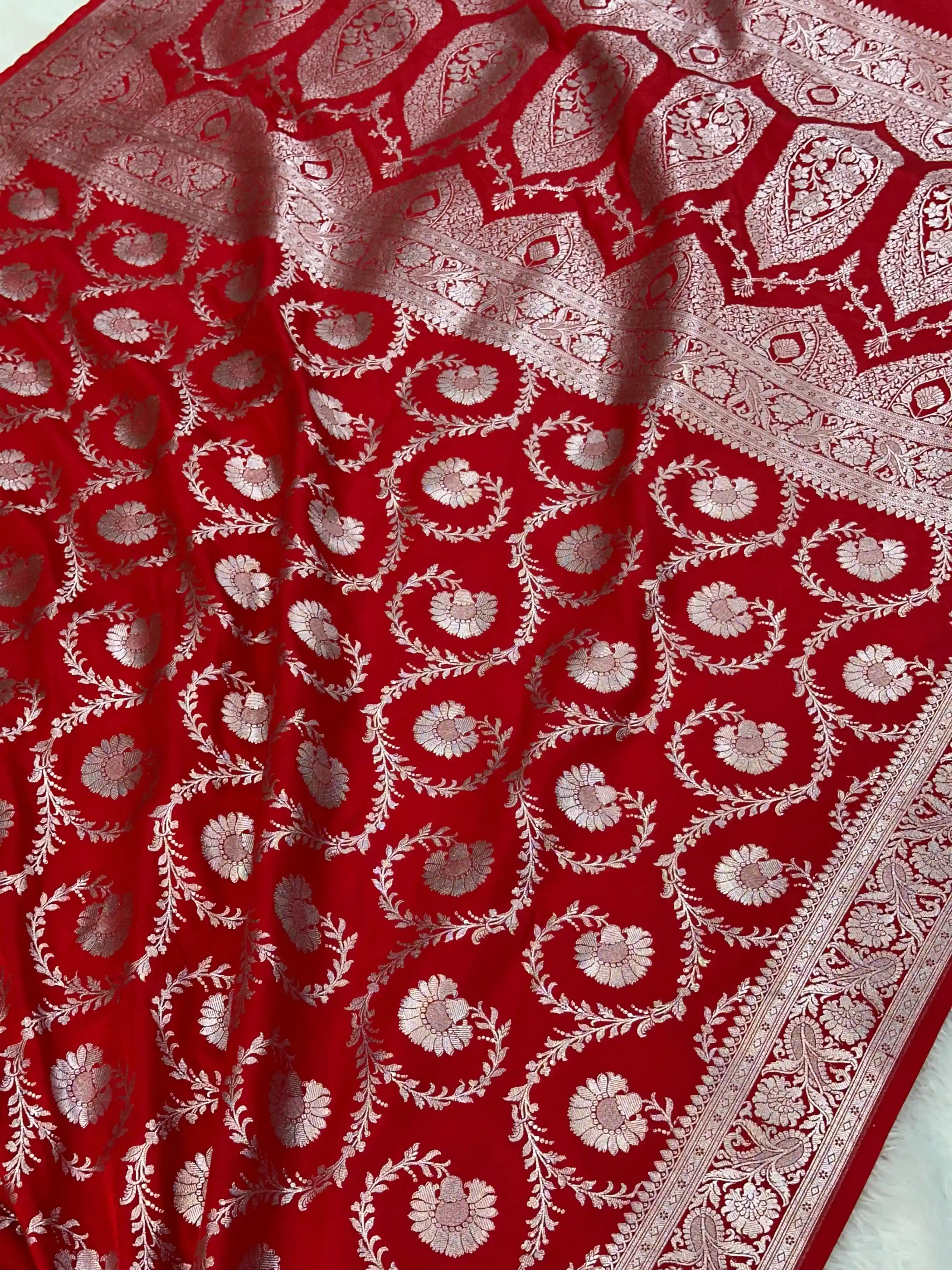 Bridal Red Mashru Katan Floral Intricate Weave Silk Saree