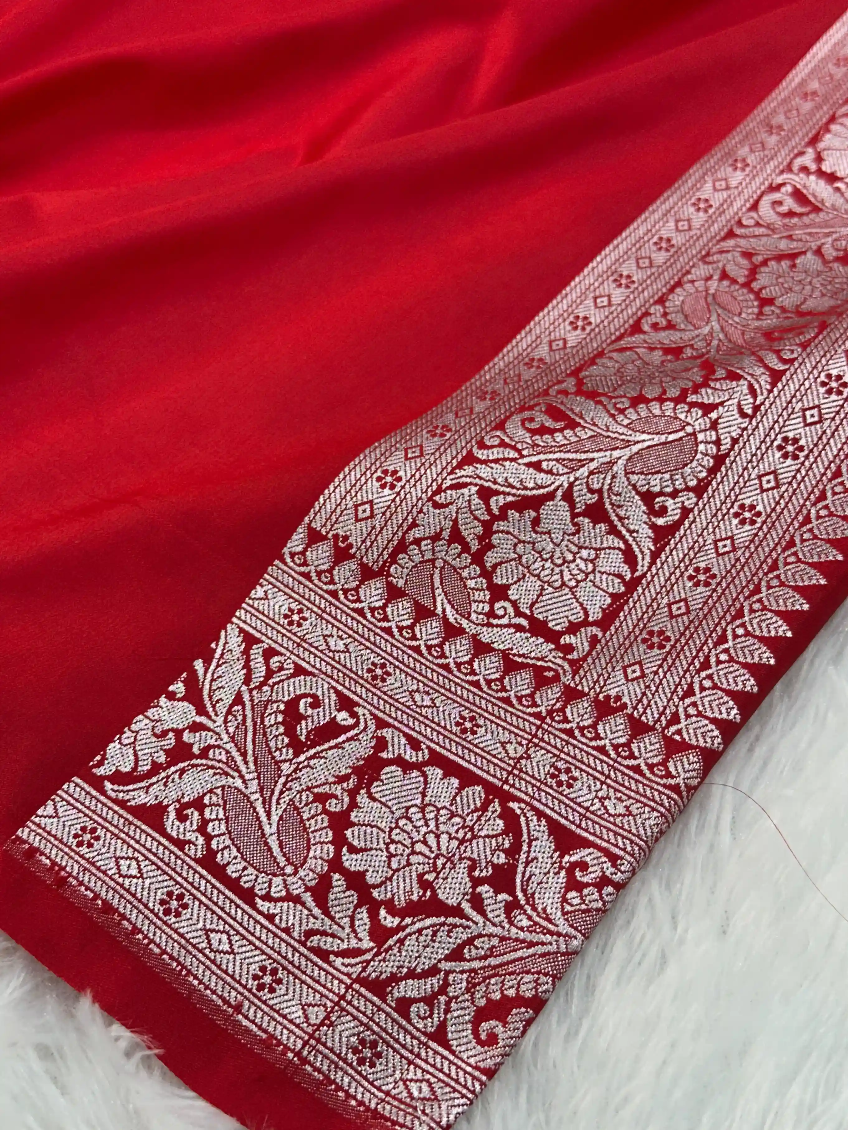 Bridal Red Mashru Katan Floral Intricate Weave Silk Saree