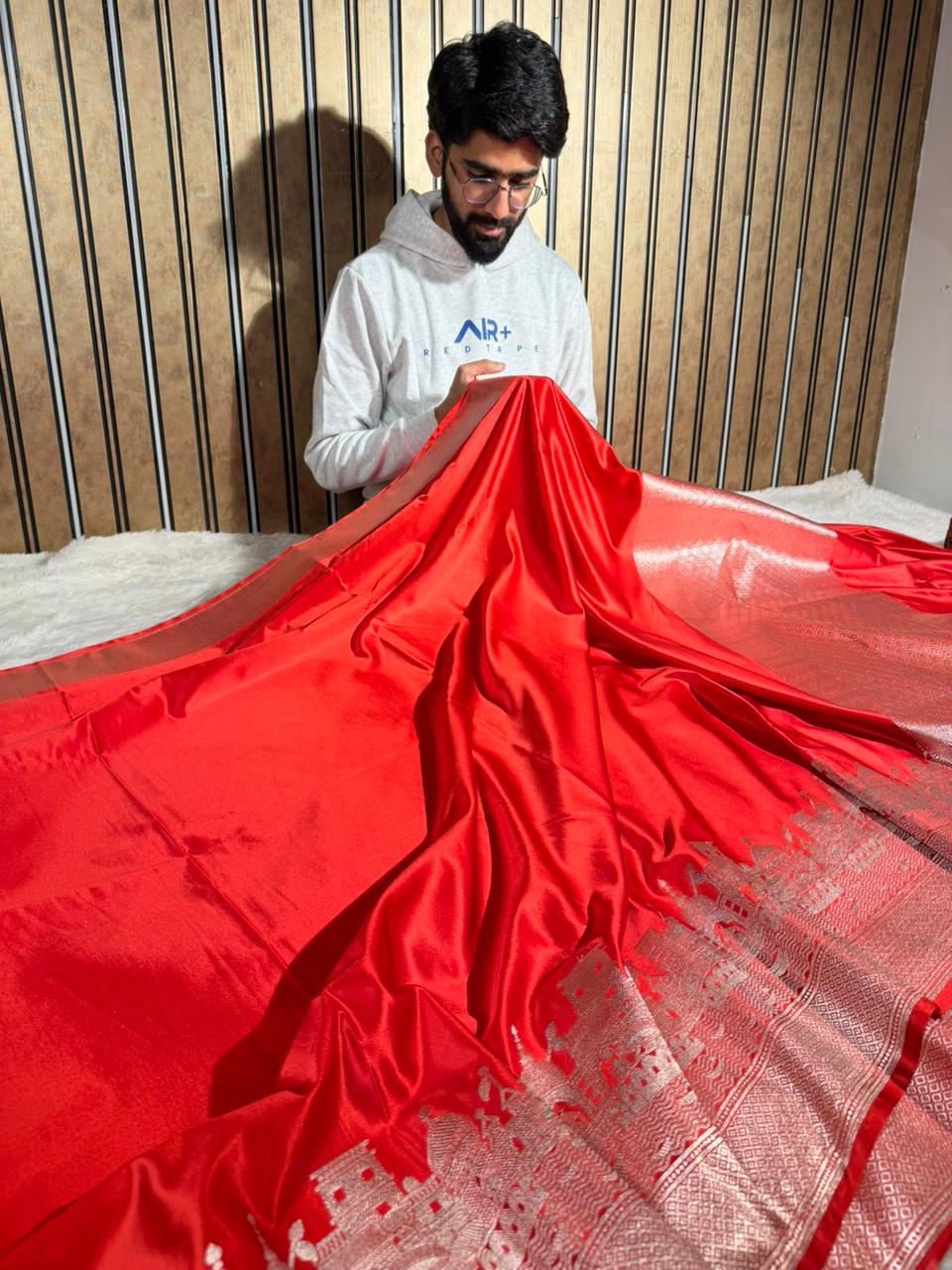 Bridal Red Mashru Katan Silk Ghats of Banaras Weave Banarasi Saree