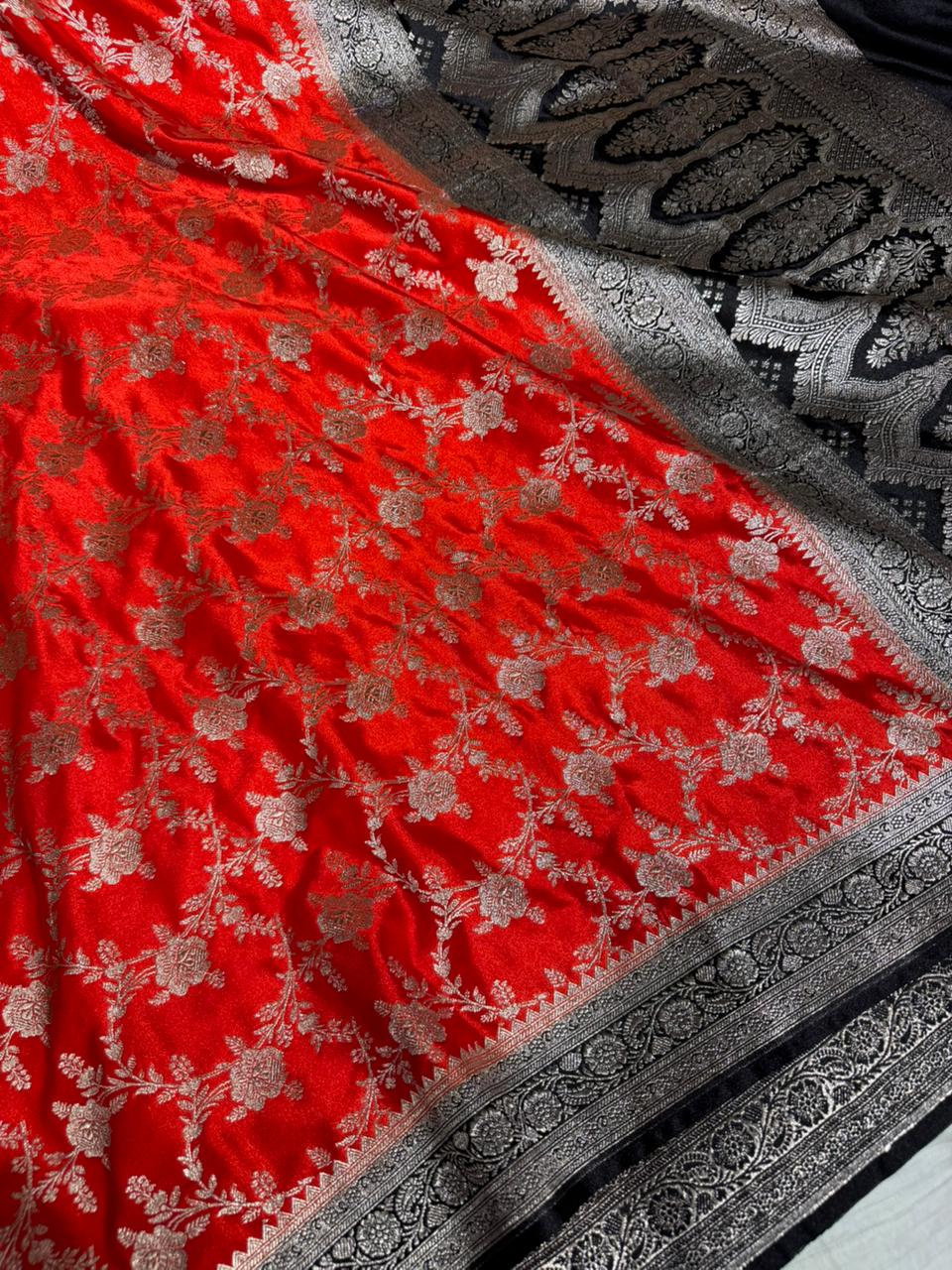 Bridal Red Mashru Katan Silk Leheriya Eccentric Banarasi Saree