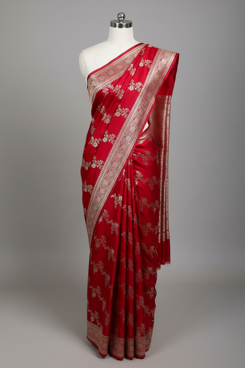 Bridal Red Mashru Katan Silk Leheriya Weave Banarasi Saree