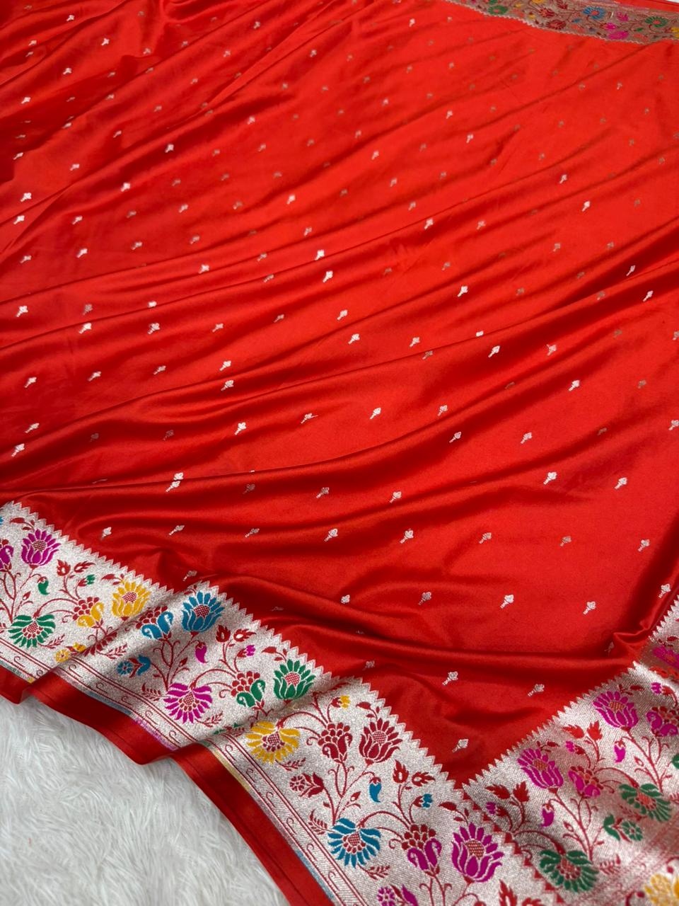 Bridal Red Mashru Katan Silk Paithani Banarasi Saree
