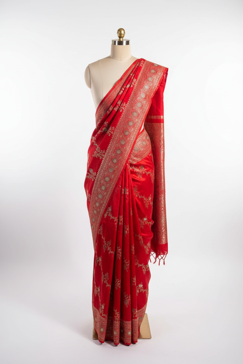 Bridal Red Mashru Katan Silk Swarovski Handwork Saree