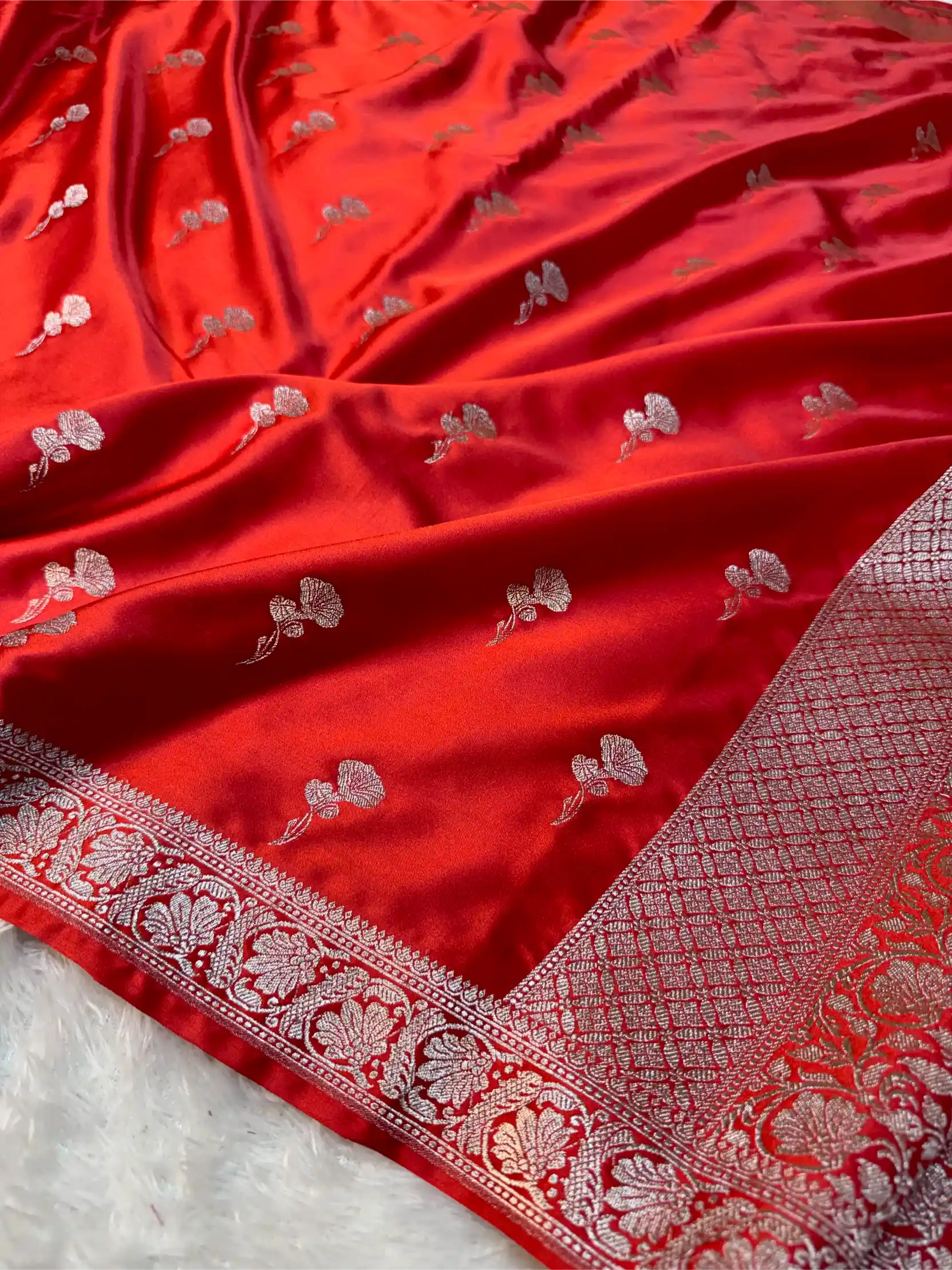 Bridal Red Mashru Katan Silk Zari Floral Butis Banarasi Saree