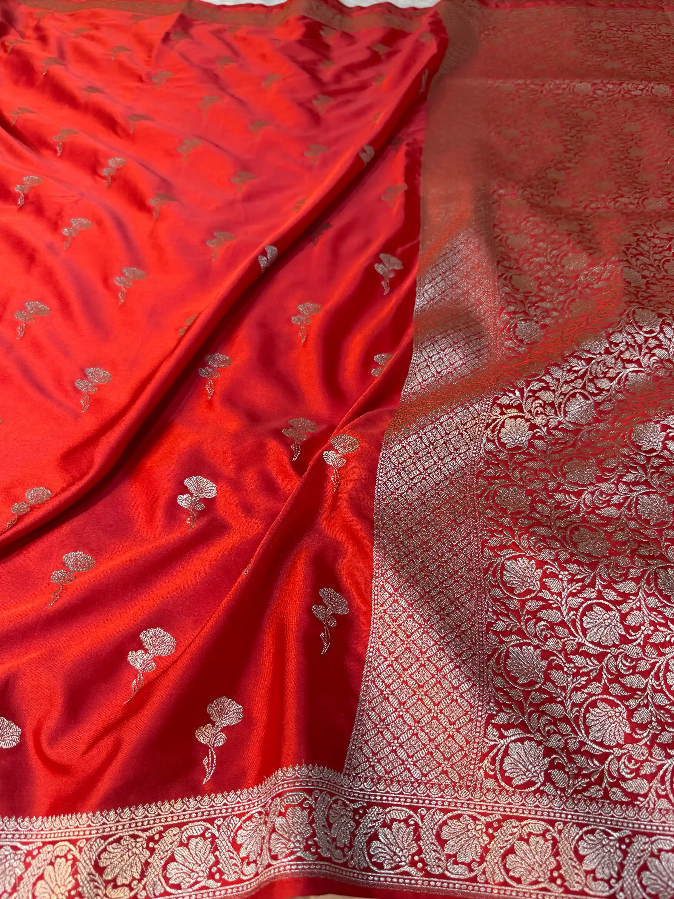 Bridal Red Mashru Katan Silk Zari Floral Butis Banarasi Saree