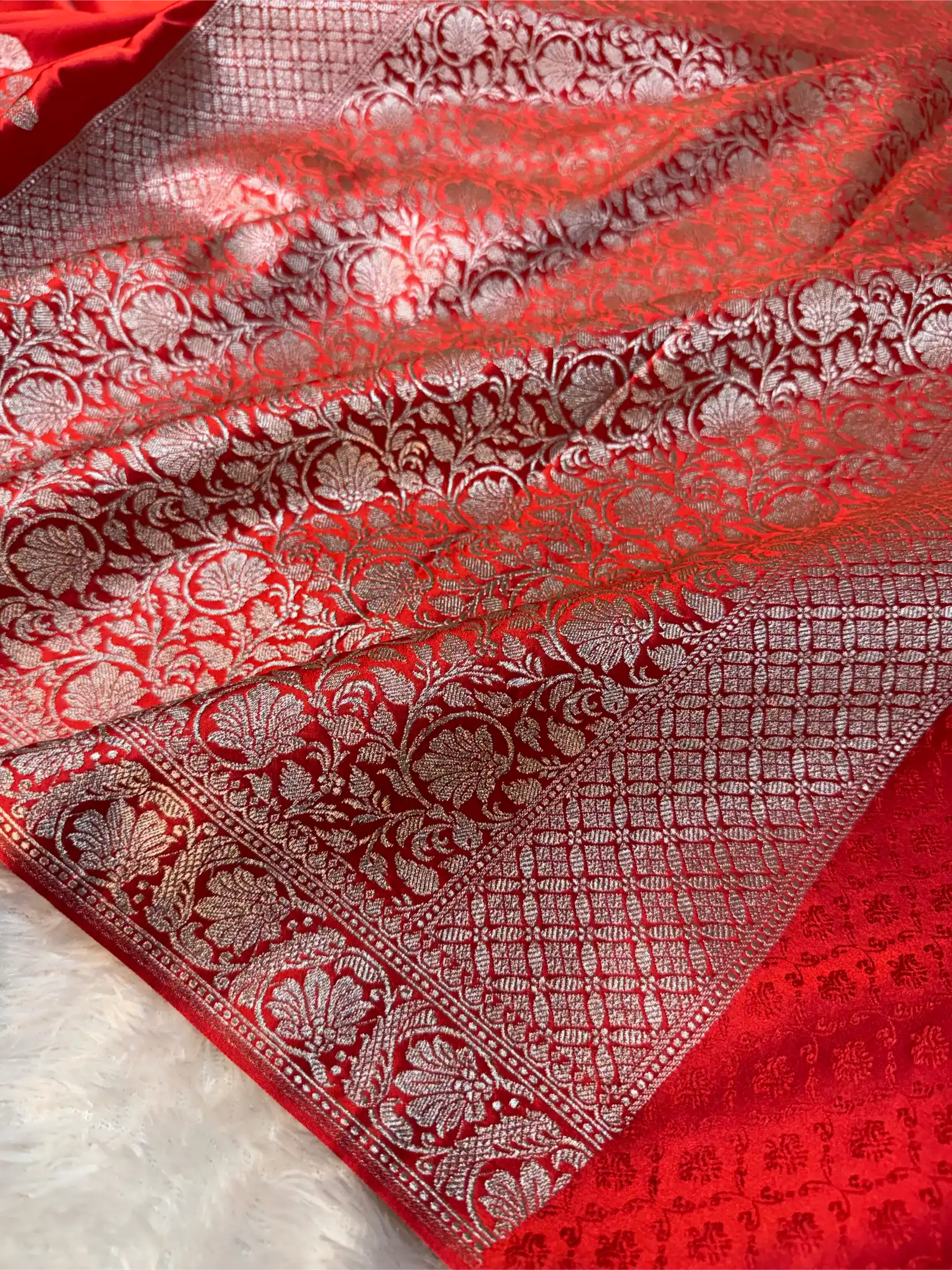 Bridal Red Mashru Katan Silk Zari Floral Butis Banarasi Saree