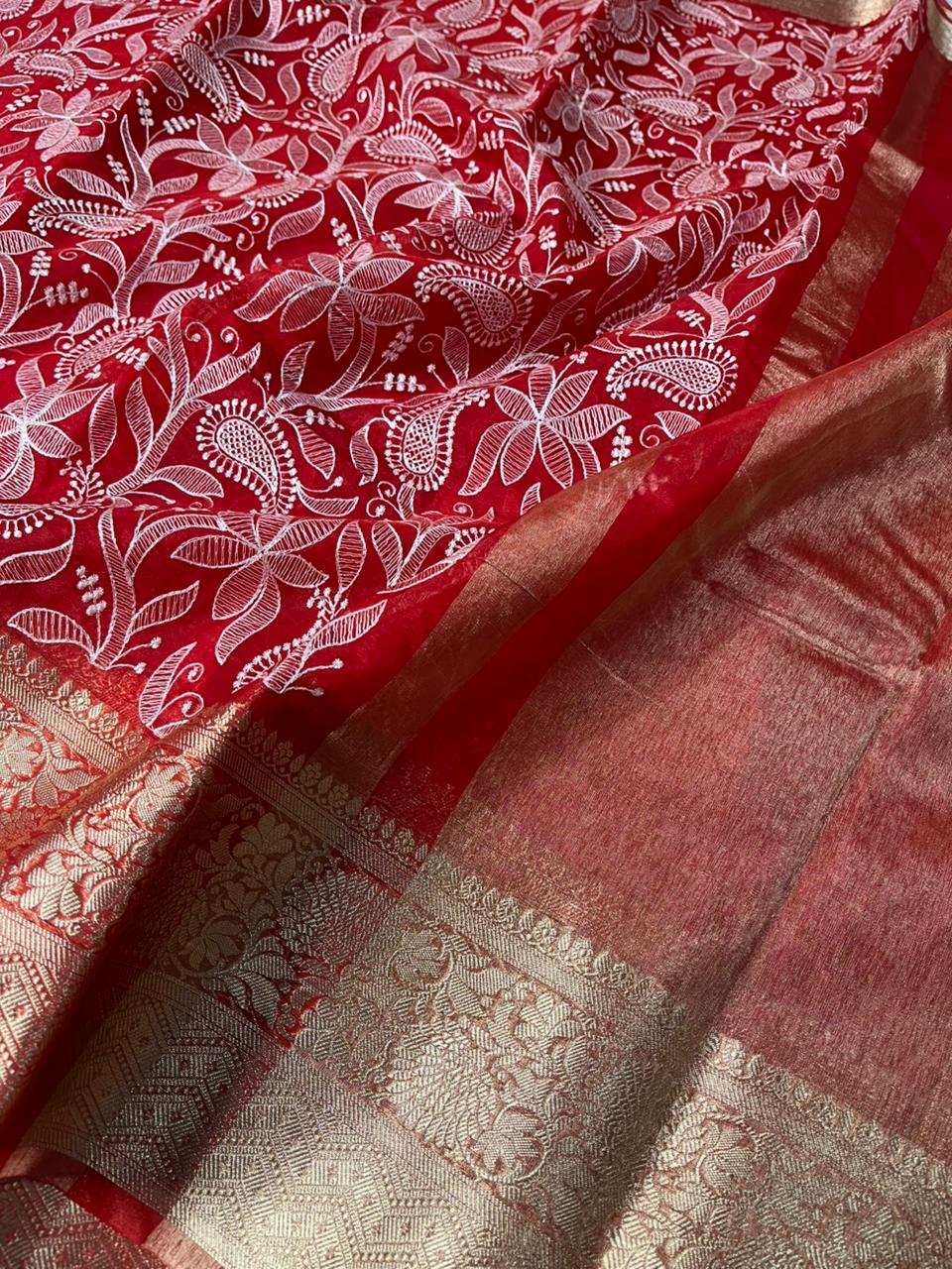 Bridal Red Organza Silk Chikankari Work Banarasi Saree