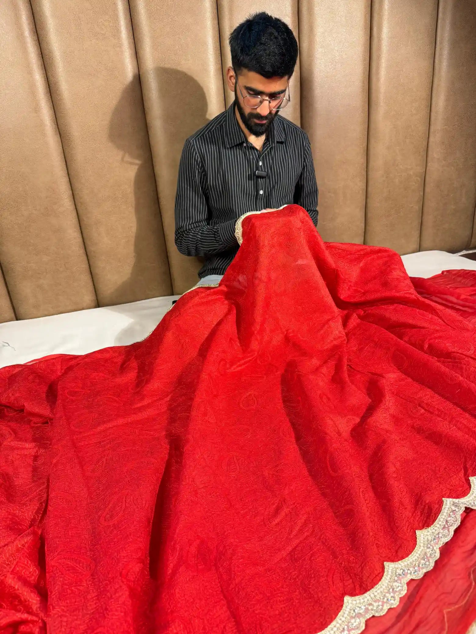 Bridal Red Pure Mul Cotton Silk Chikankari Embroidery Banarasi Saree
