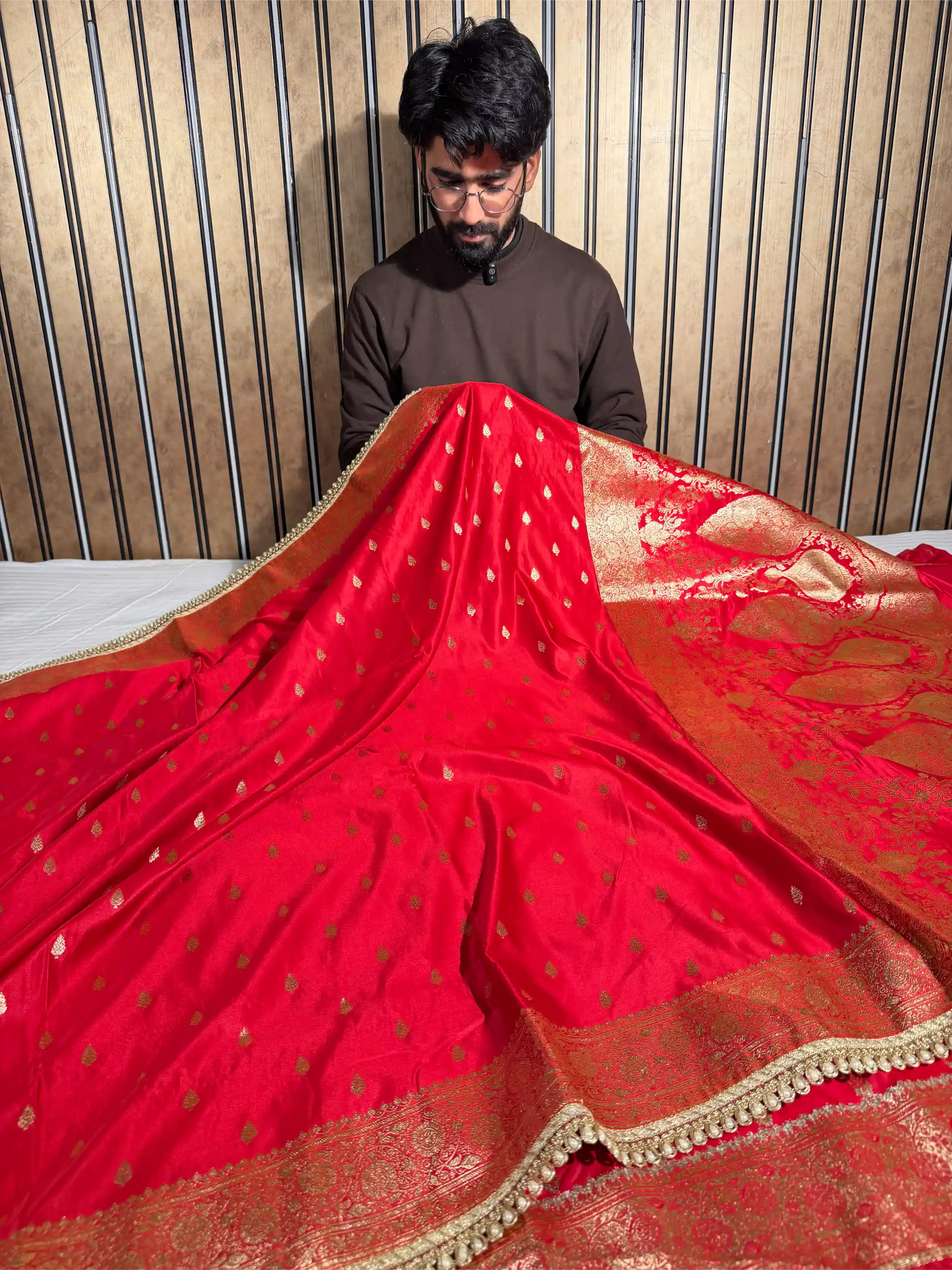 Bridal Red Satin Silk Moti Lace Work Banarasi Saree