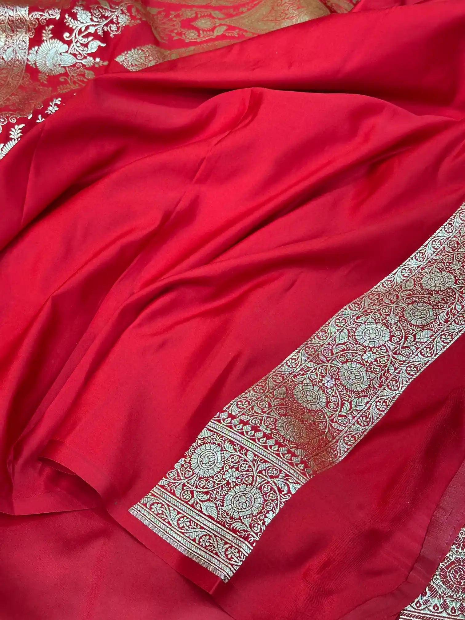 Bridal Red Satin Silk Saree with Rich Texture Design and Classical Pallu