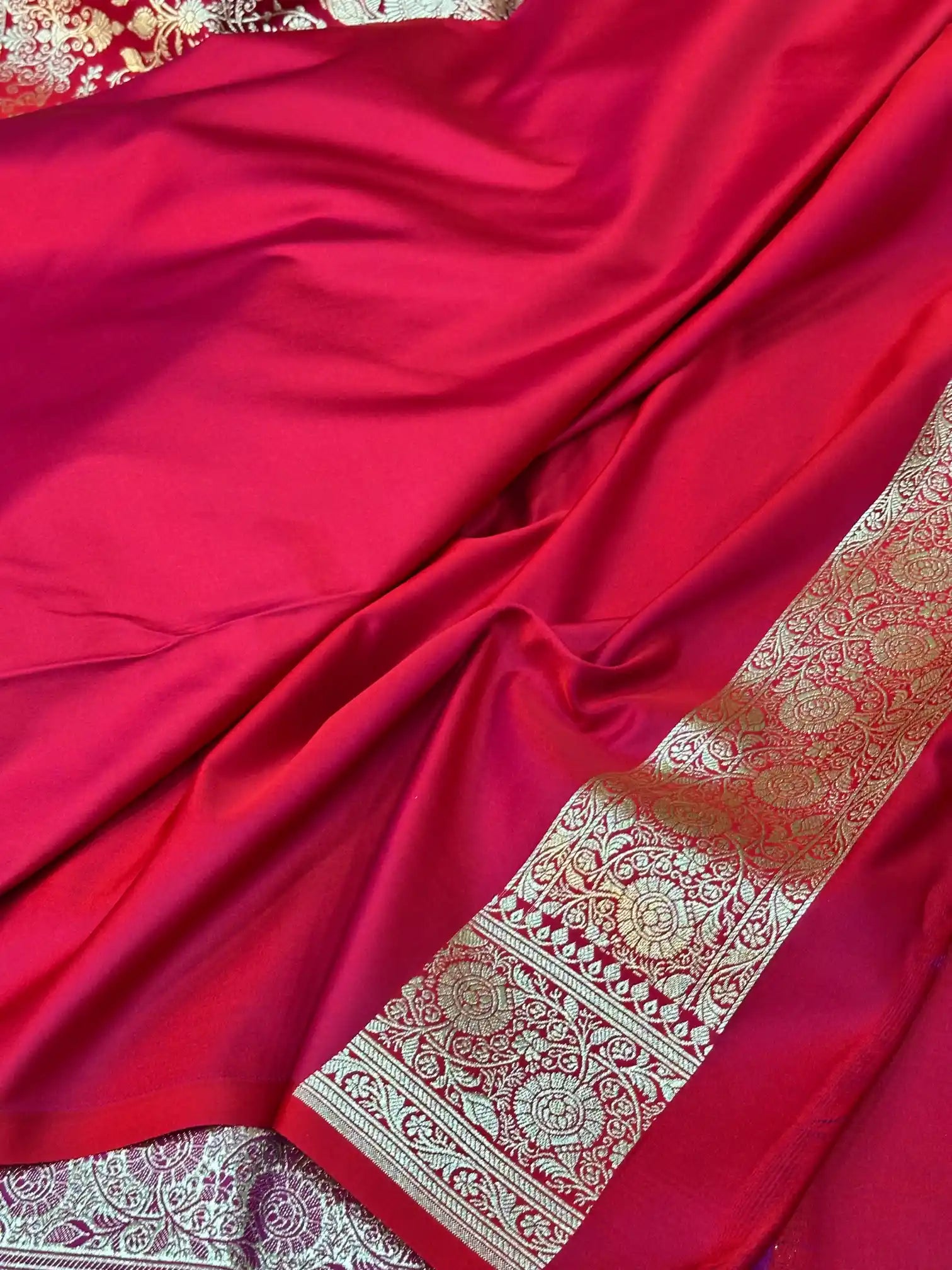 Bridal Red Satin Silk Saree with Rich Texture Design and Classical Pallu
