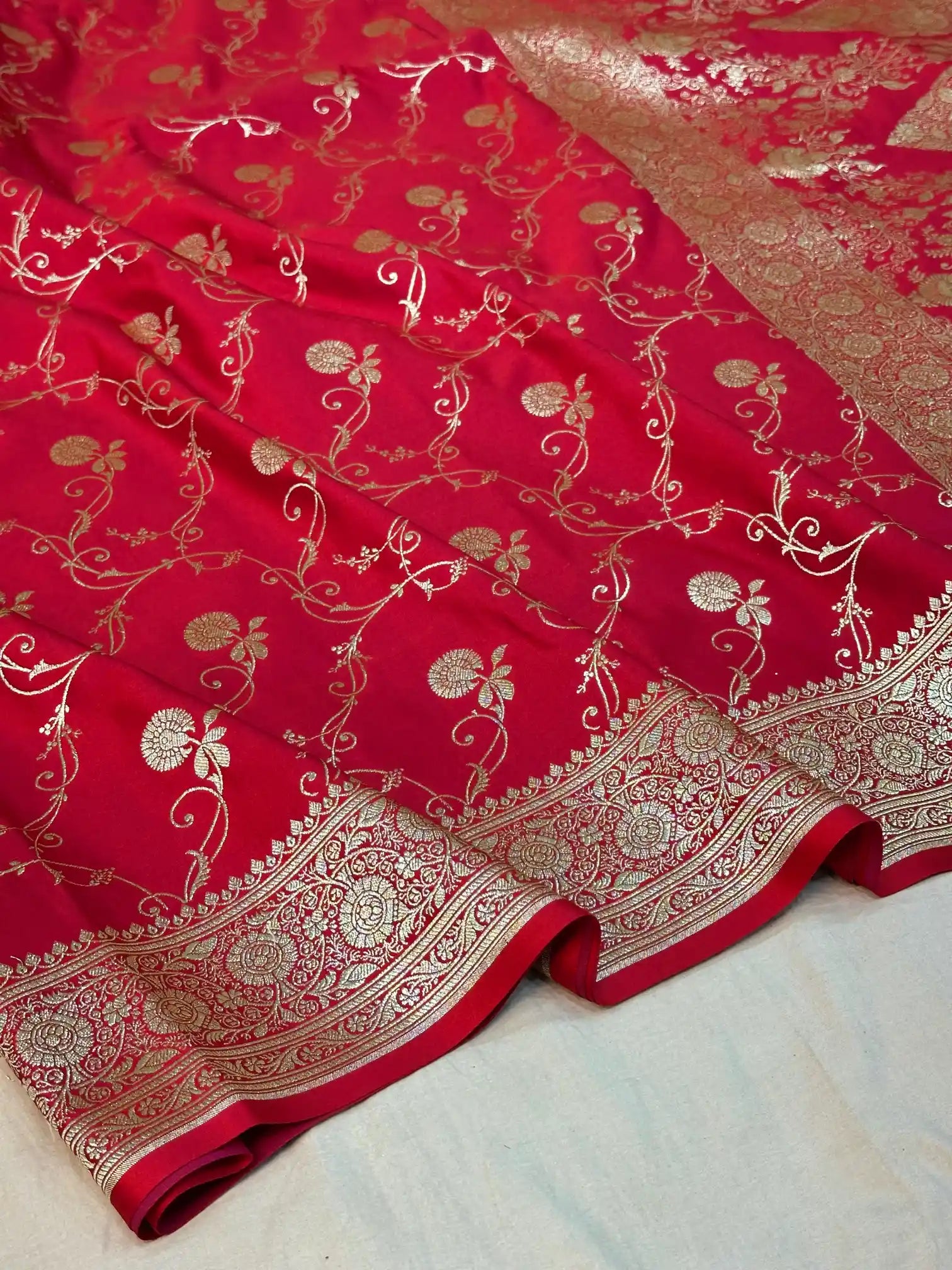 Bridal Red Satin Silk Saree with Rich Texture Design and Classical Pallu