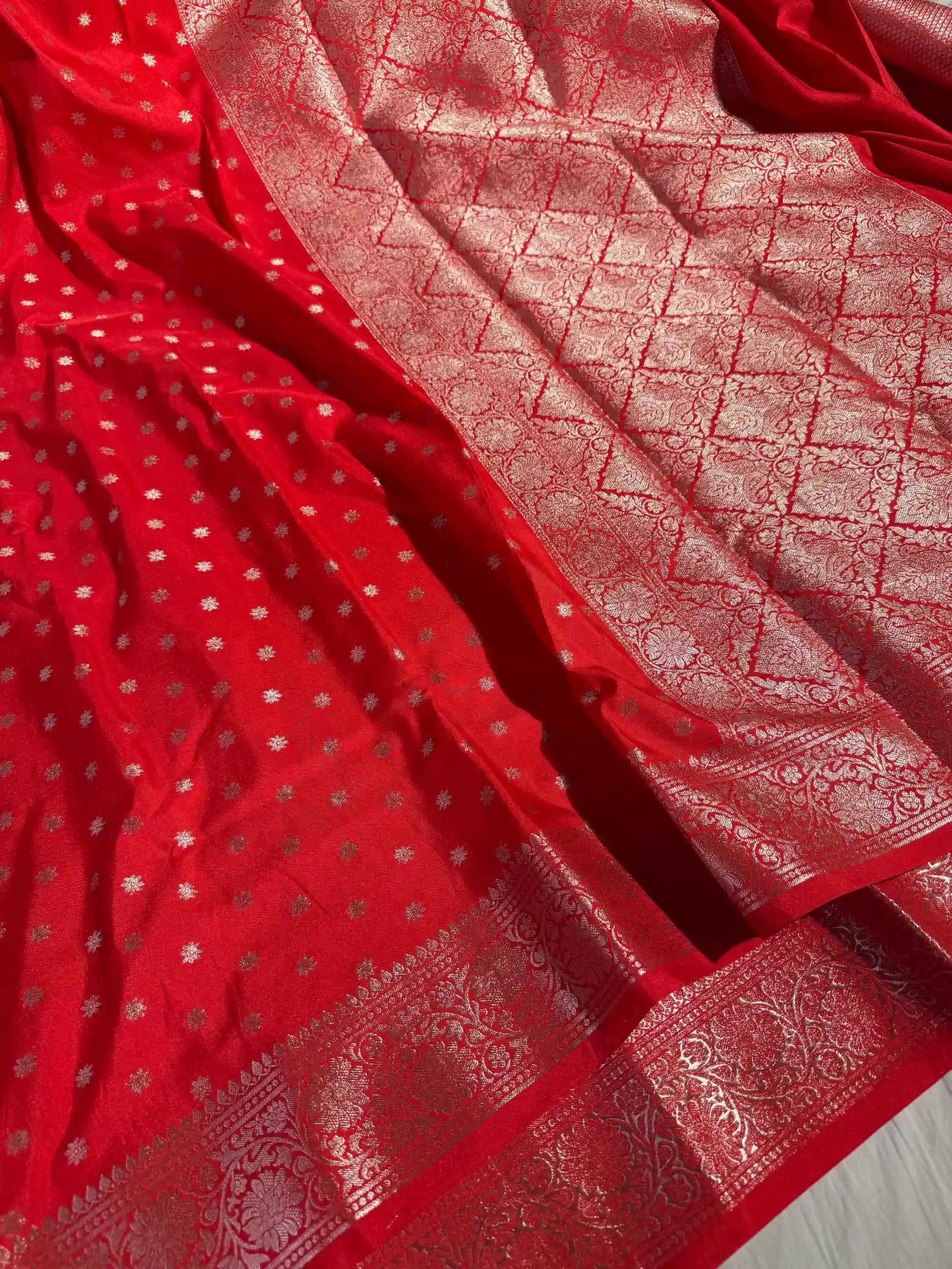 Bridal Red Semi Katan Silk Zari Buti Banarasi Saree