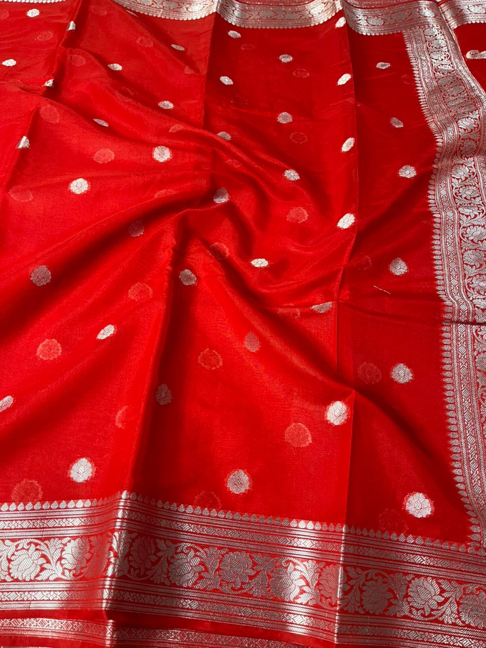 Bridal Red Semi Khaddi Chiffon Silk Banarasi Saree