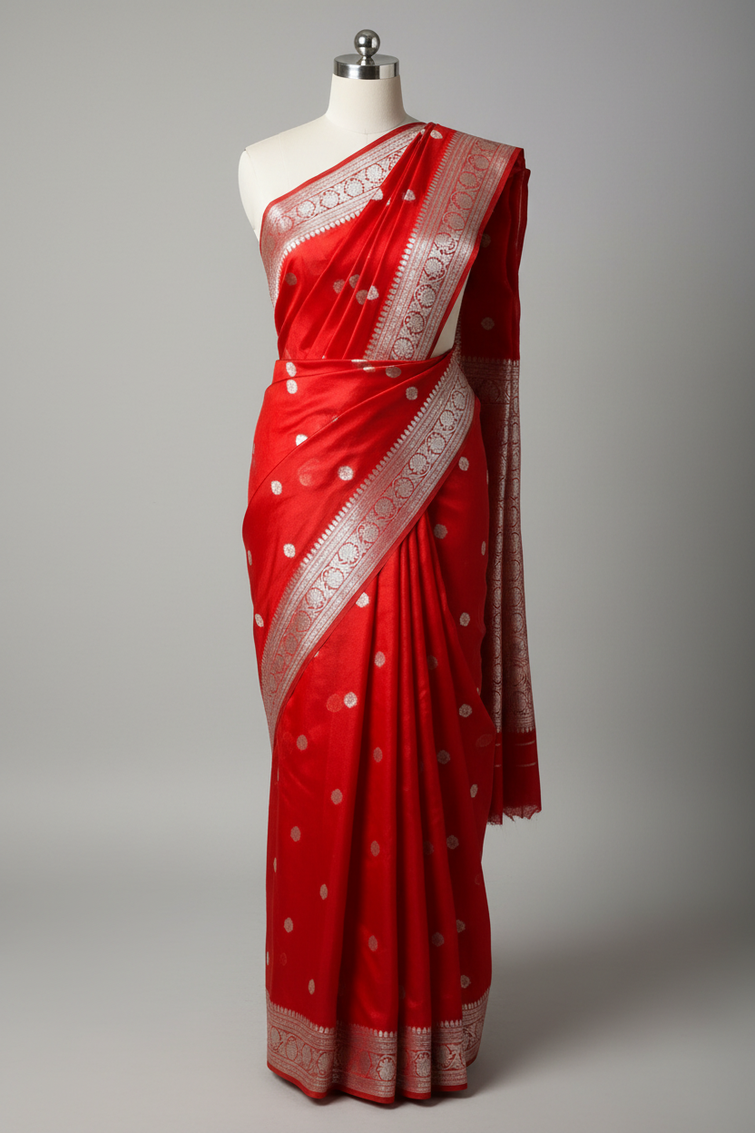Bridal Red Semi Khaddi Chiffon Silk Banarasi Saree