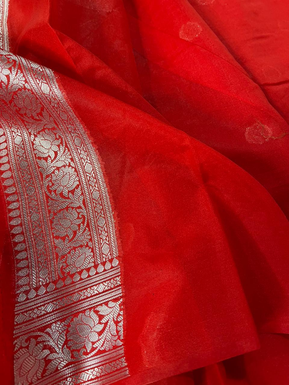 Bridal Red Semi Khaddi Chiffon Silk Banarasi Saree