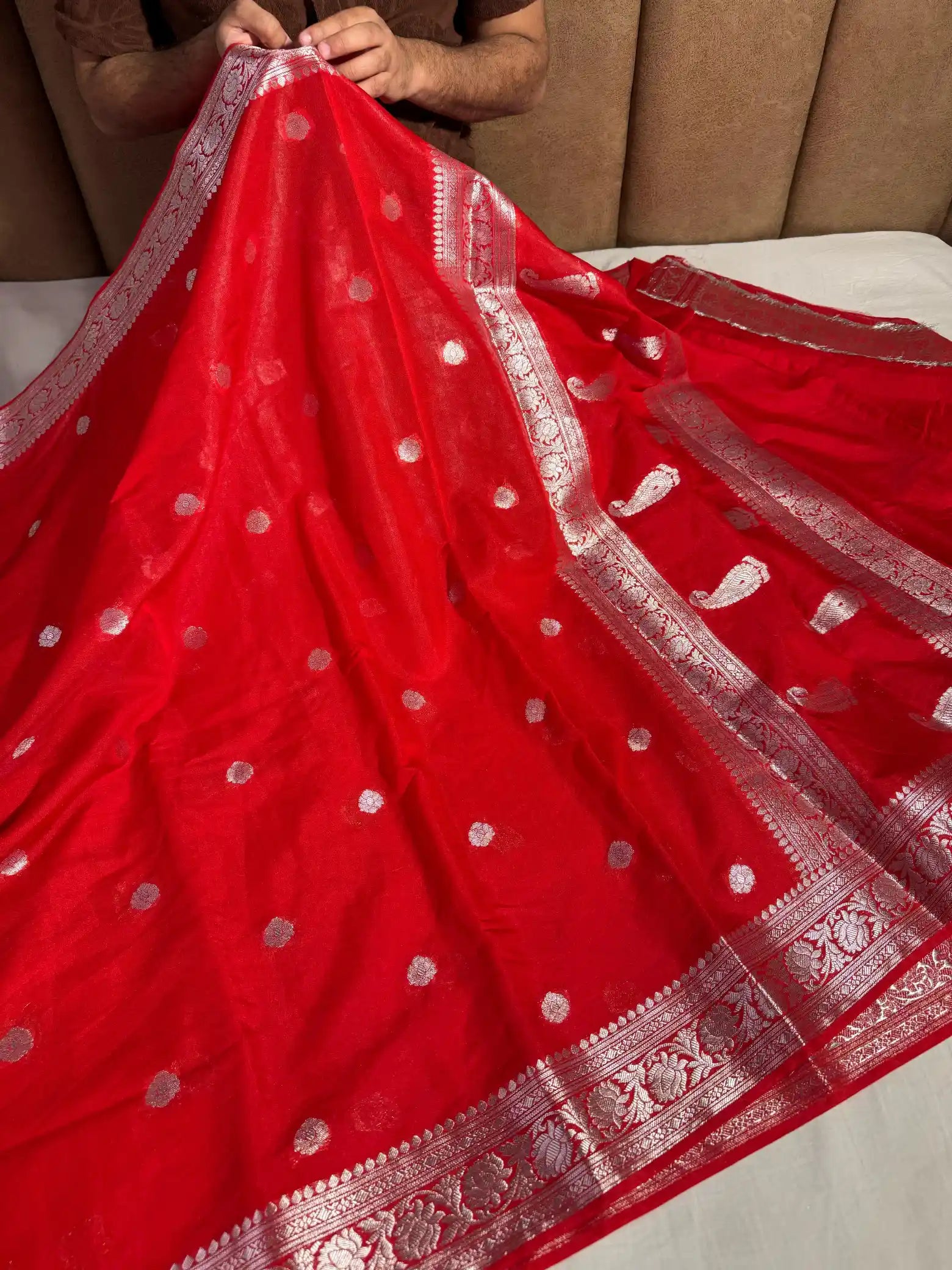 Bridal Red Semi Khaddi Chiffon Silk Saree with Rich Pallu and Blouse