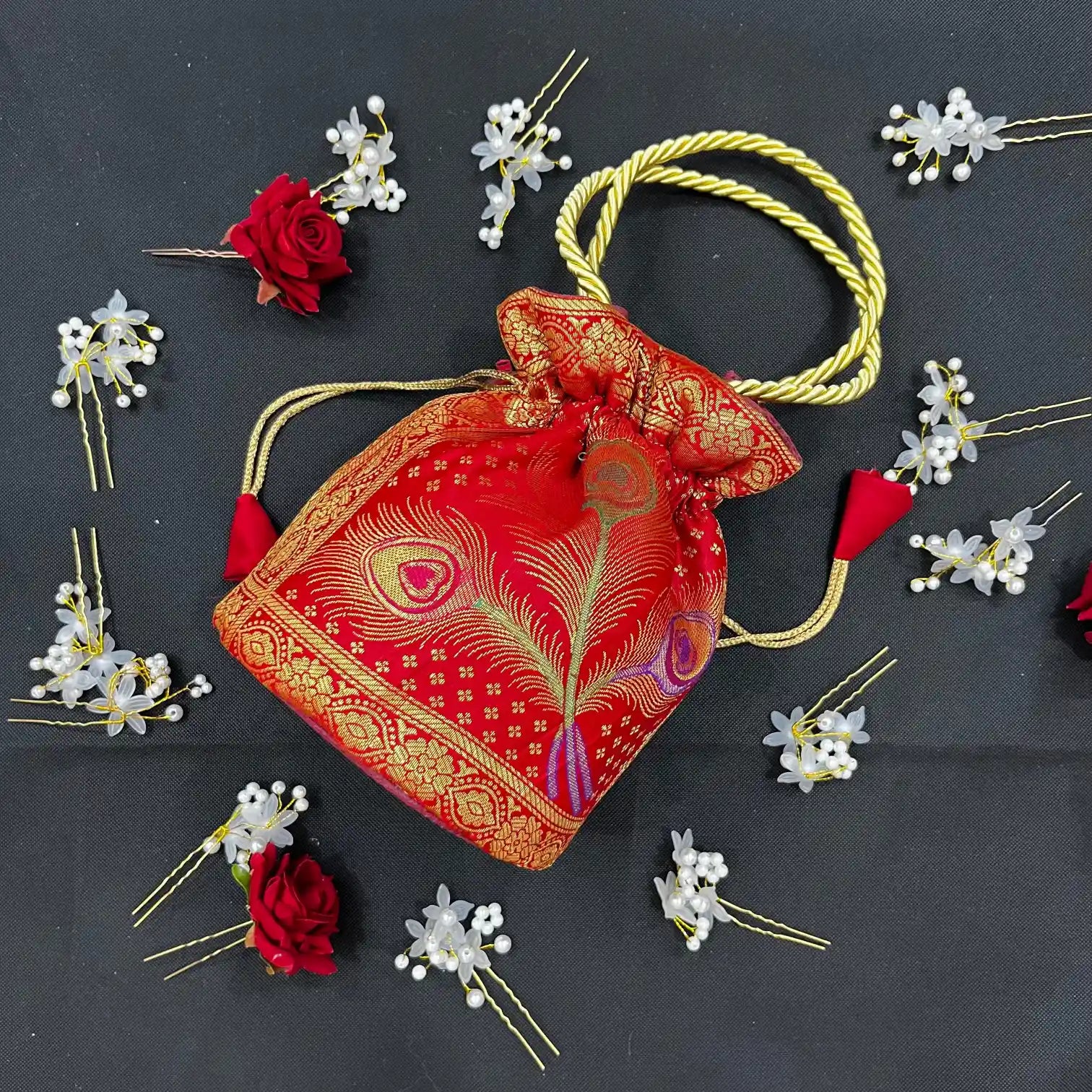 Bridal Red Shade Banarasi Potli Bags