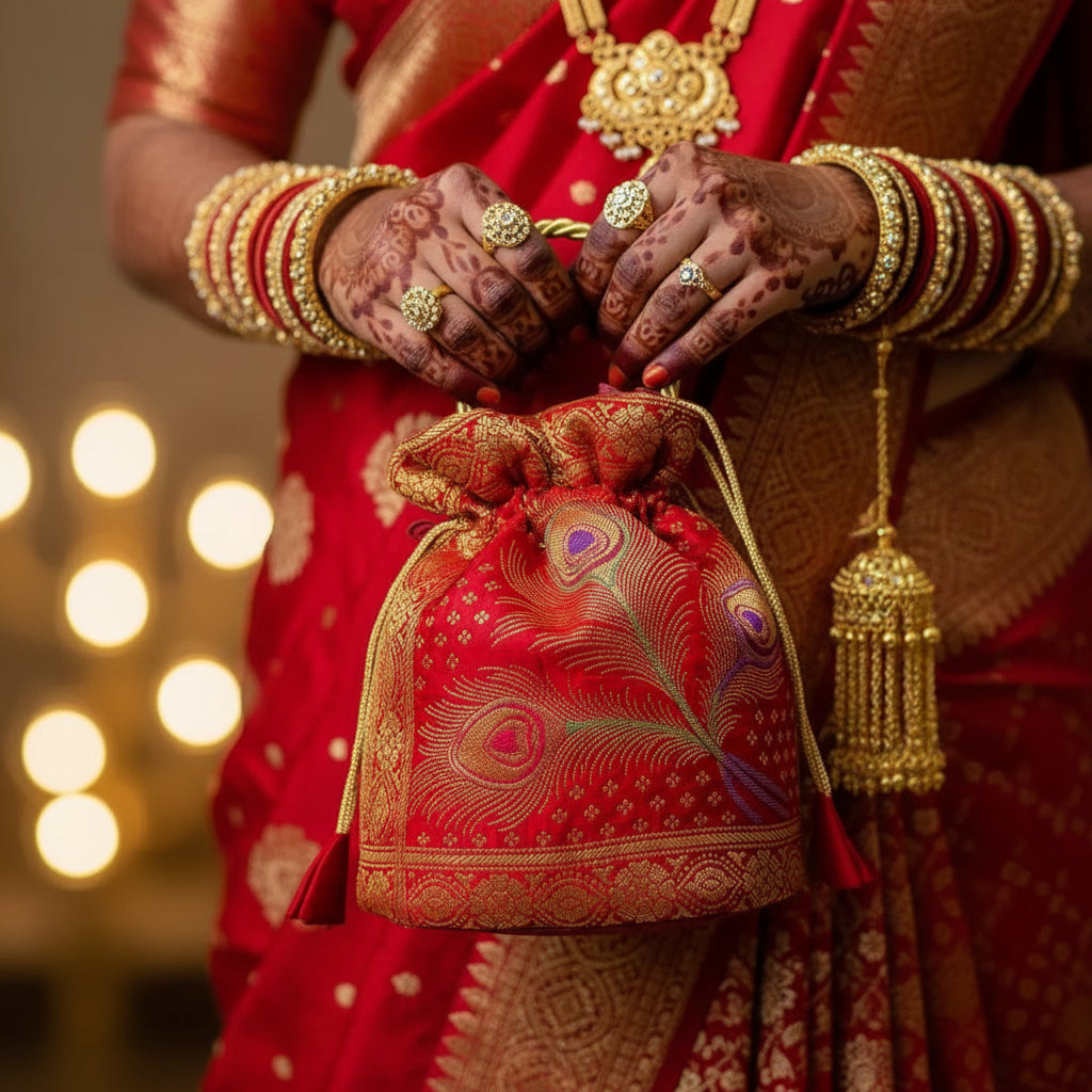 Bridal Red Shade Banarasi Potli Bags