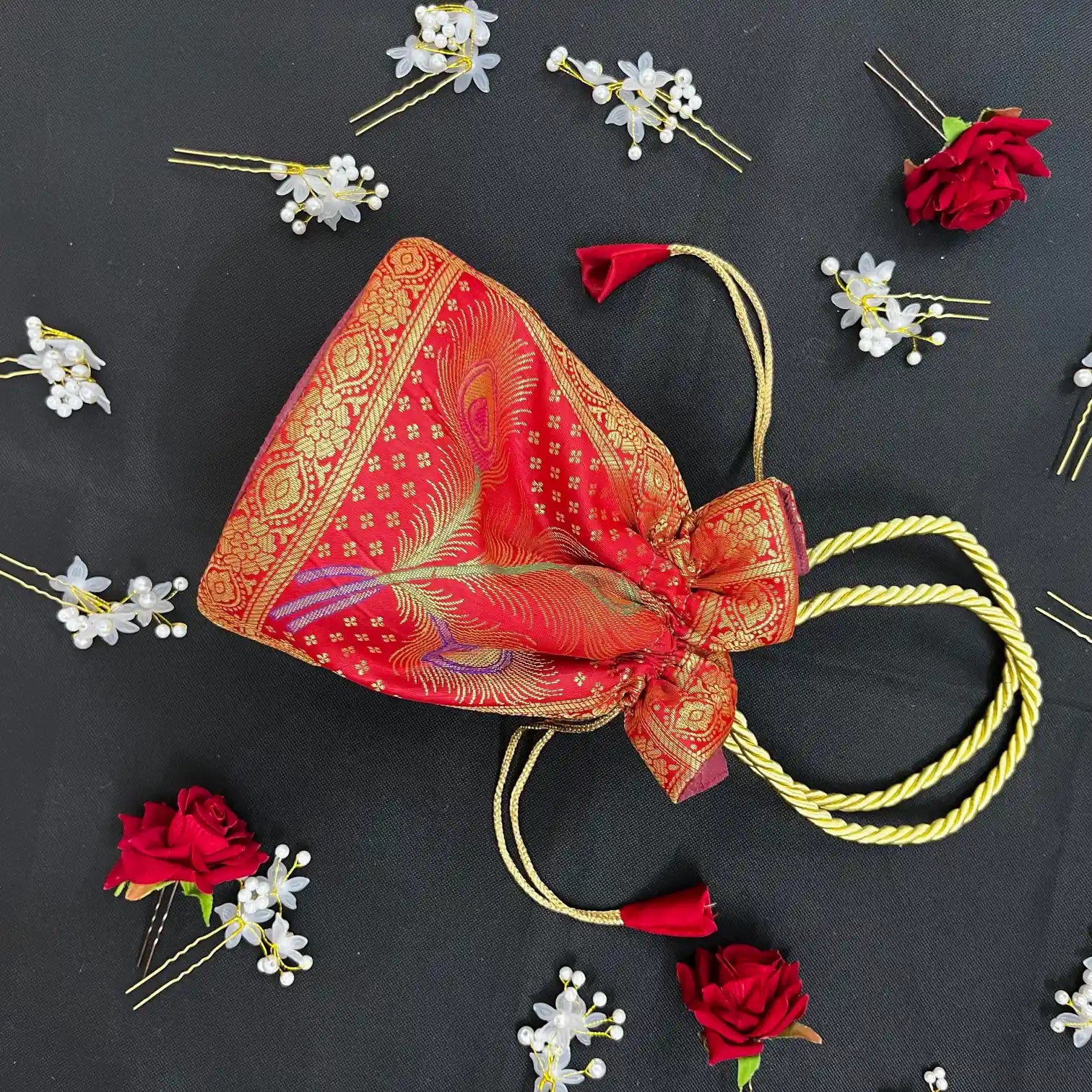 Bridal Red Shade Banarasi Potli Bags