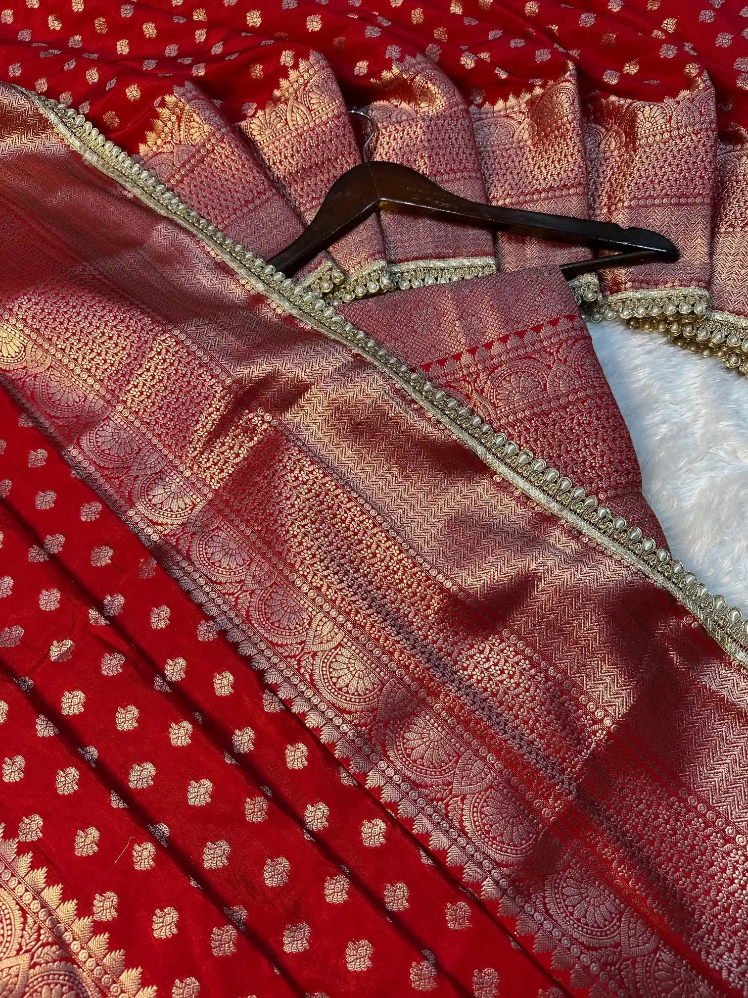 Bridal Red Chinia Silk Moti Lace Work Banarasi Saree