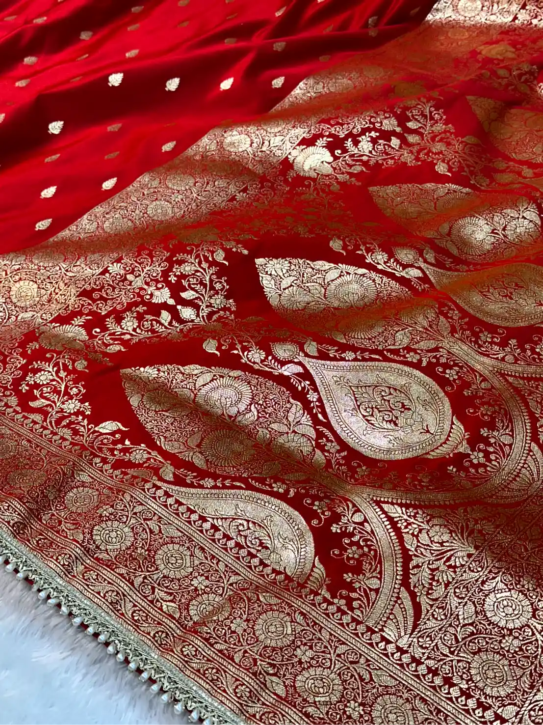 Bridal Red Satin Silk Moti Lace Work Banarasi Saree