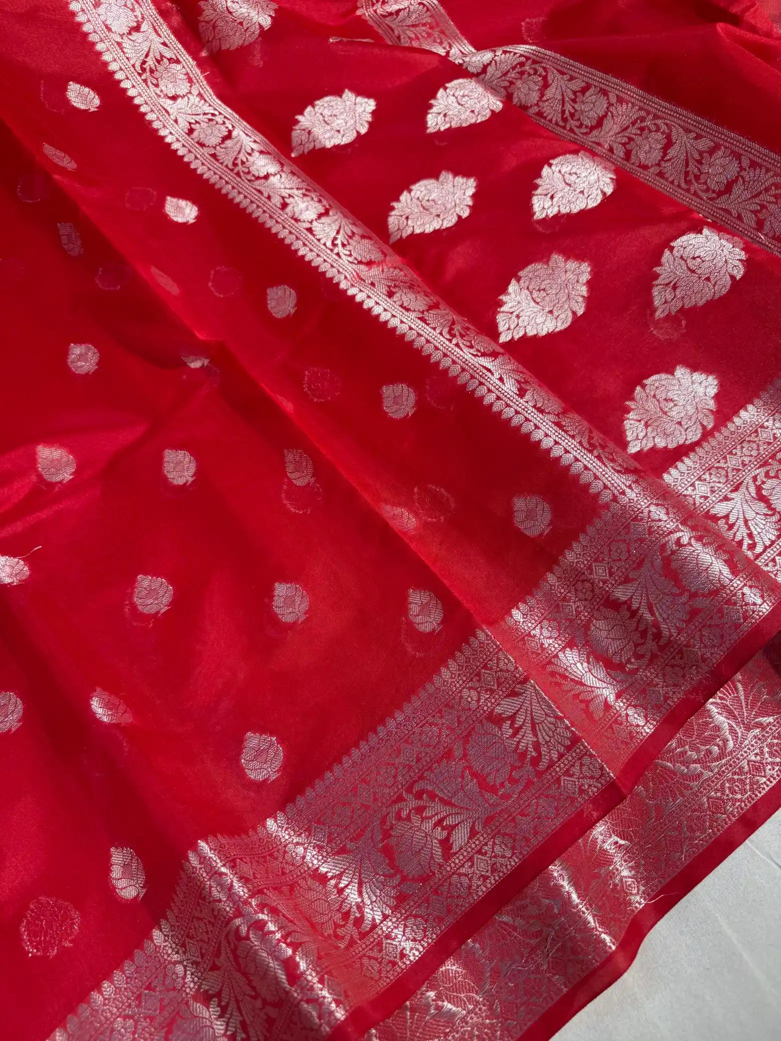 Bridal Red Softsilk Silver Zari Weave Banarasi Saree