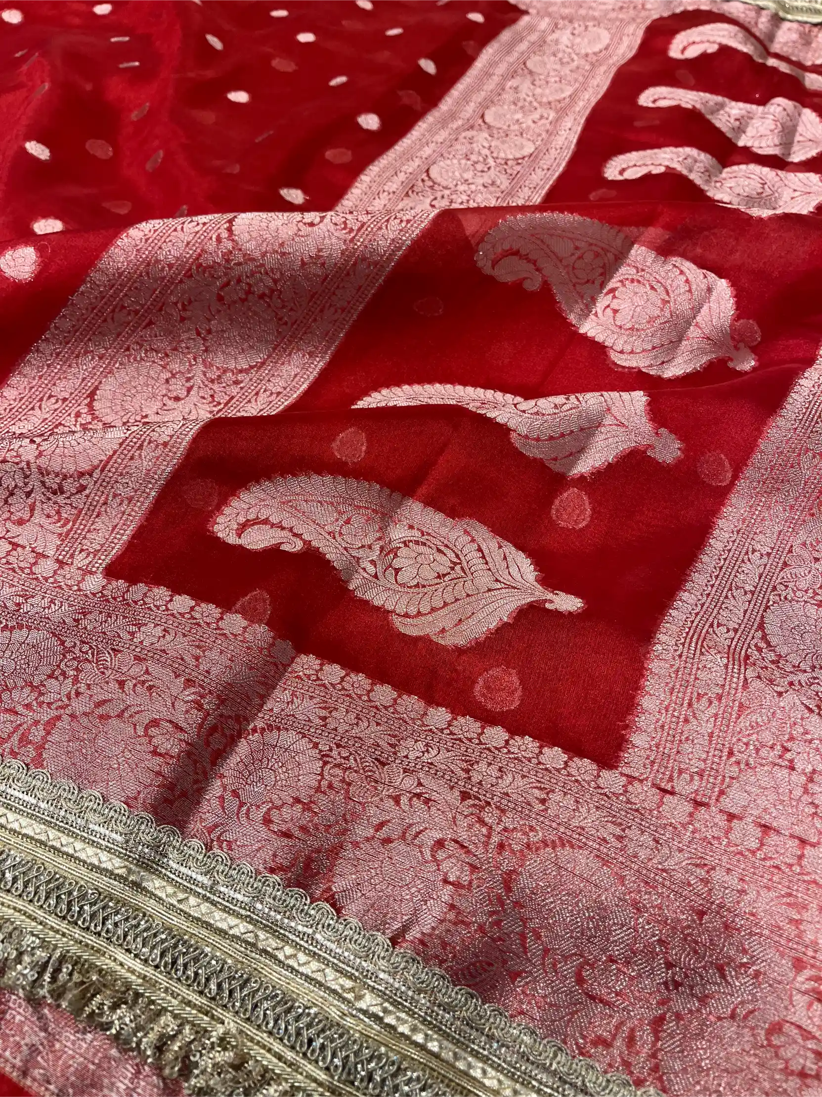 Bridal Red Tissue Silk Designer Lace Attached Banarasi Saree