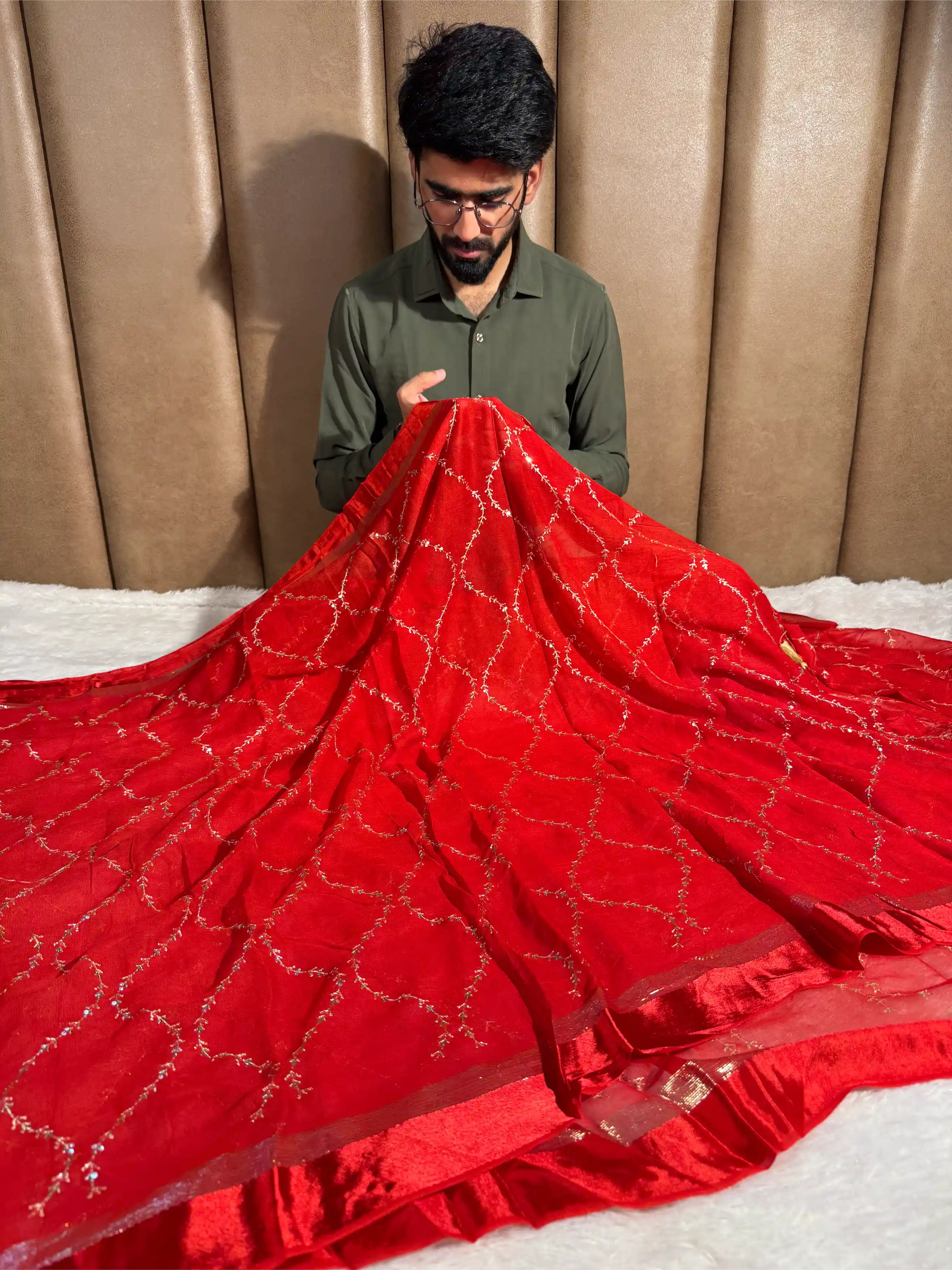 Bridal Red Viscose Georgette Silk Embroidered Saree