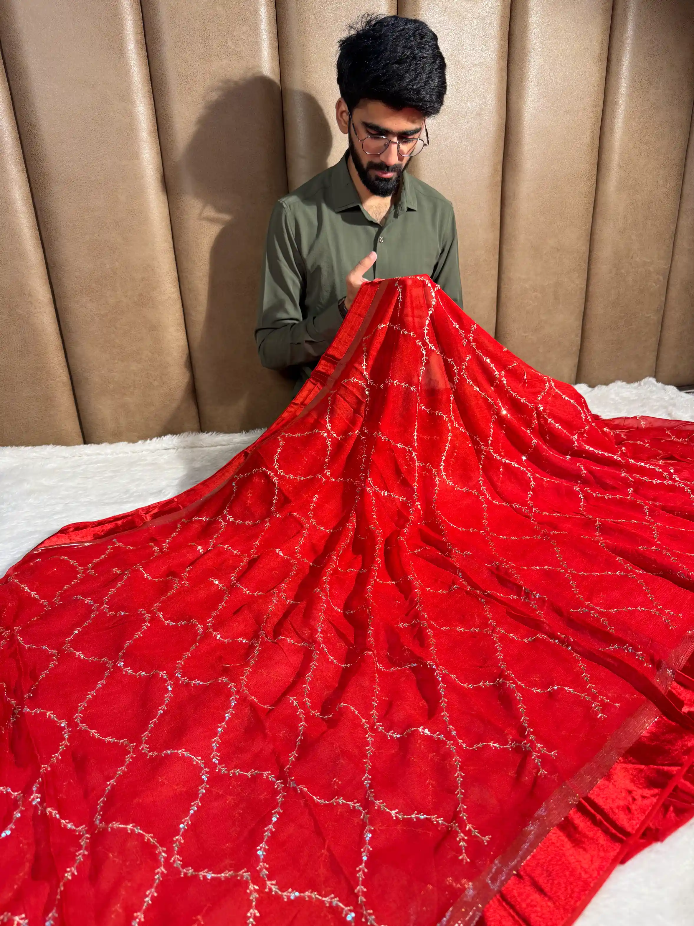 Bridal Red Viscose Georgette Silk Embroidered Saree