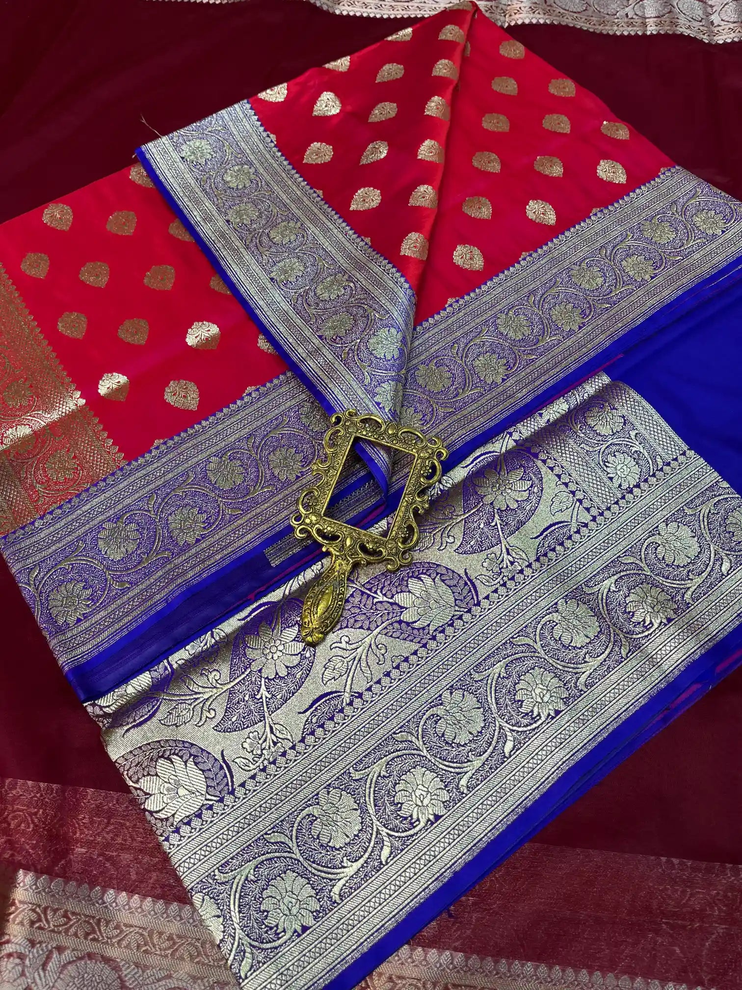 Bridal Red Contrast Satin Silk Premium Buta Design Banarasi Saree