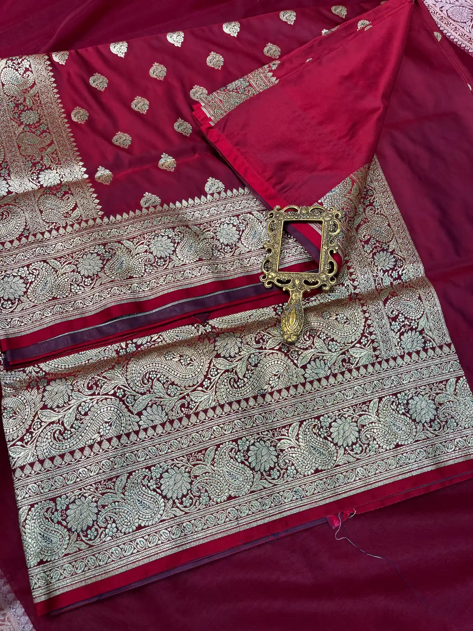 Bridal Maroon Satin Silk Premium Buta Design Banarasi Saree