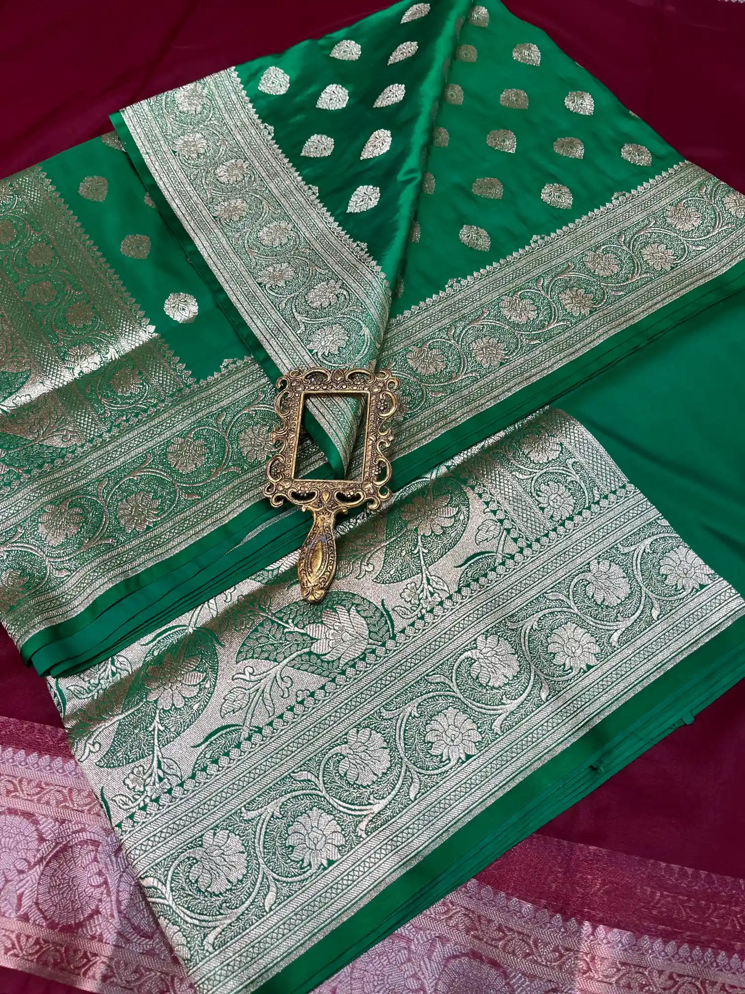 Bridal Parrot Green Satin Silk Premium Buta Banarasi Saree