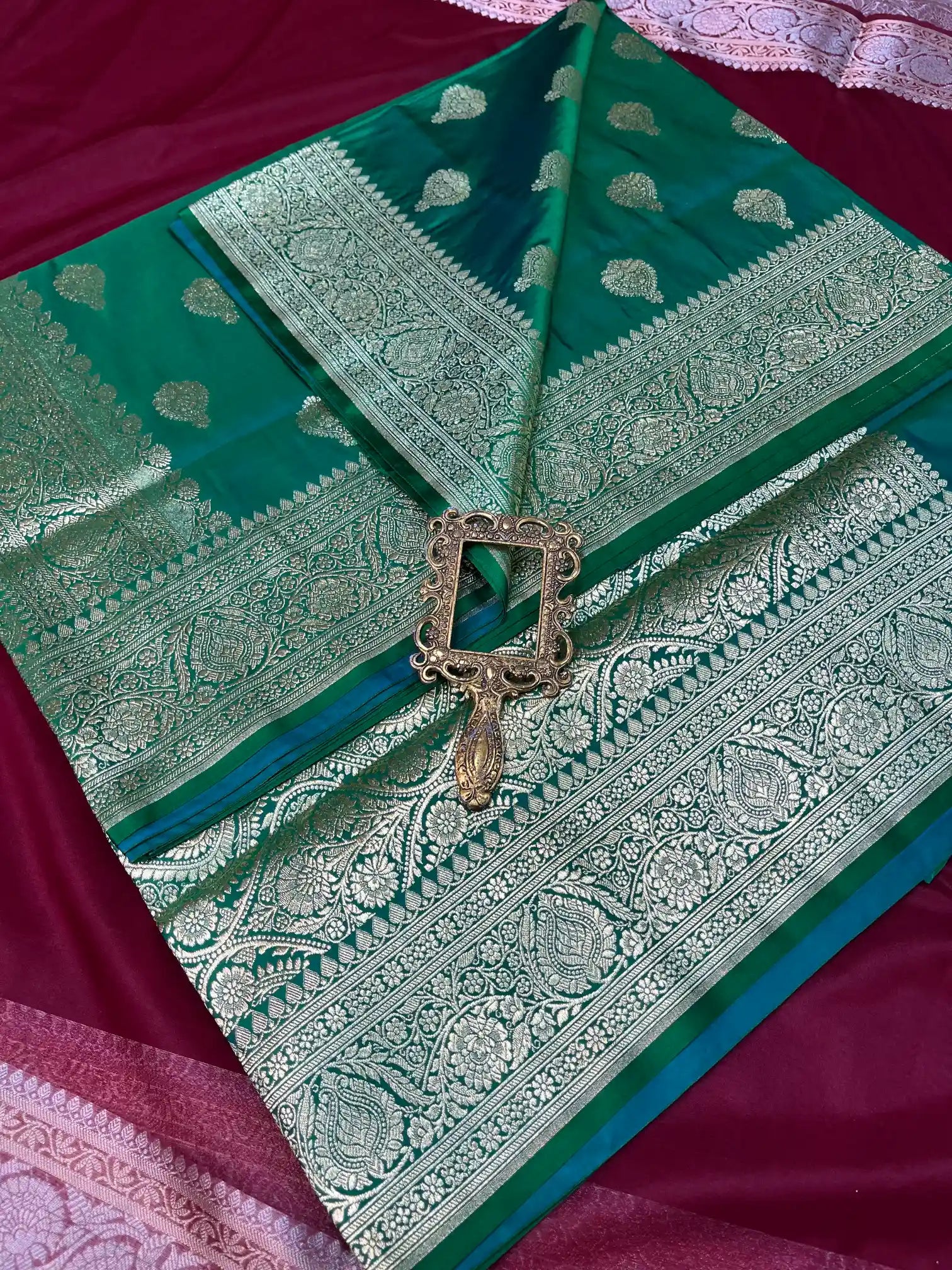 Bridal Bottle Green Satin Silk Premium Buta Banarasi Saree